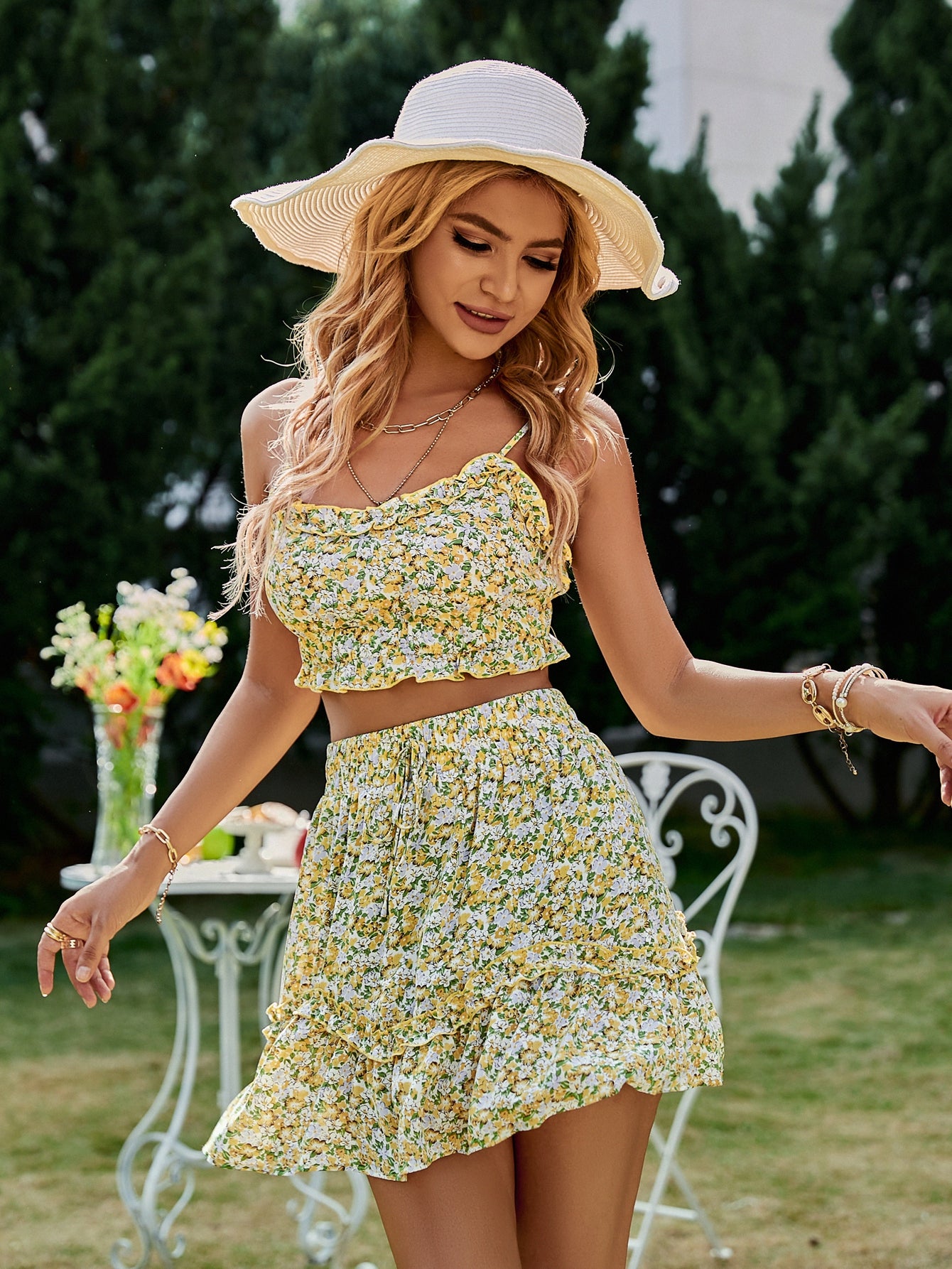 Floral Frill Trim Cropped Cami and Skirt Set