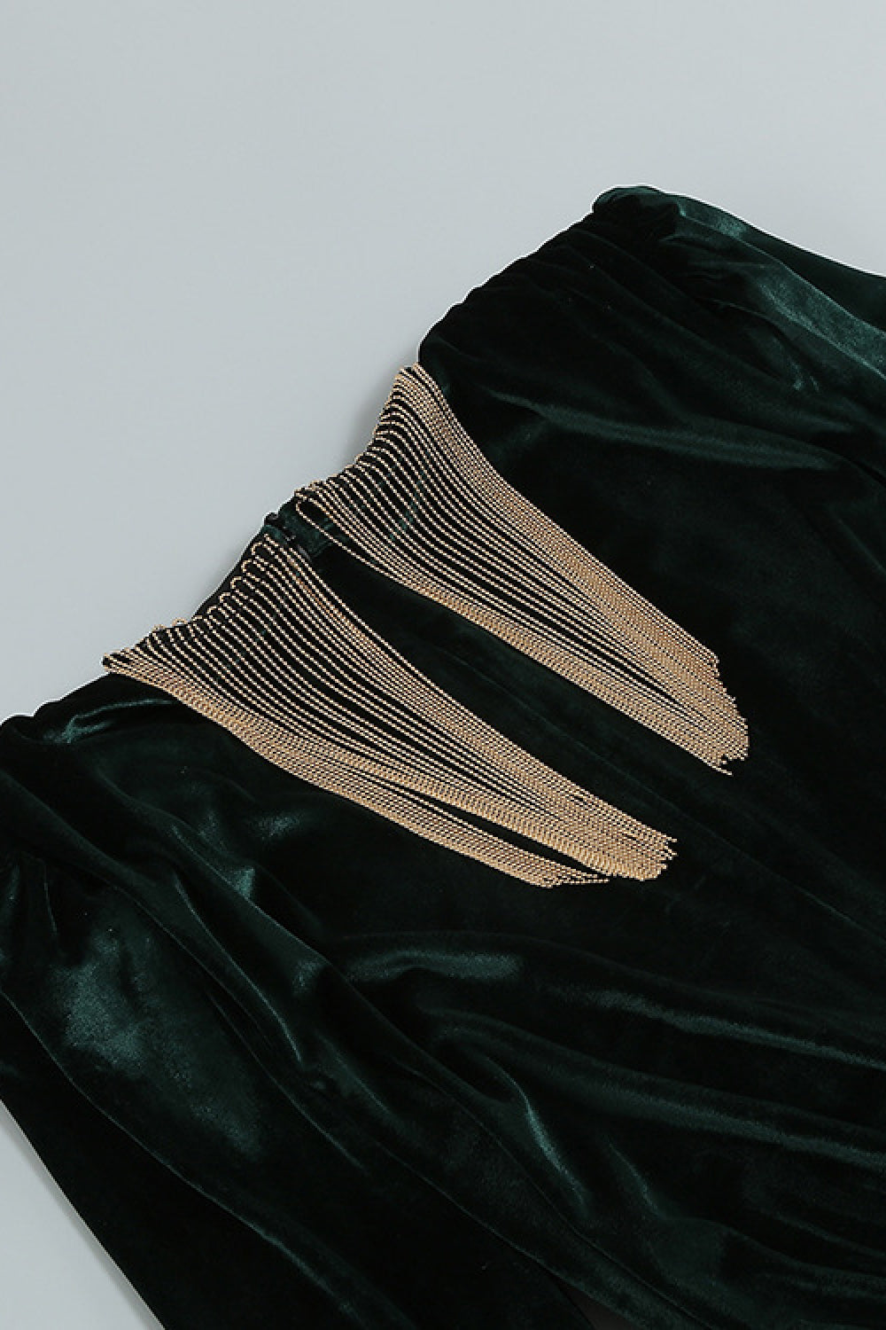 Fringe Detail Split Hem Deep V Velvet Dress