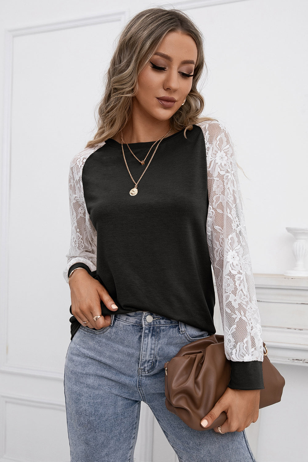 Lace Long Sleeve Contrast  Top