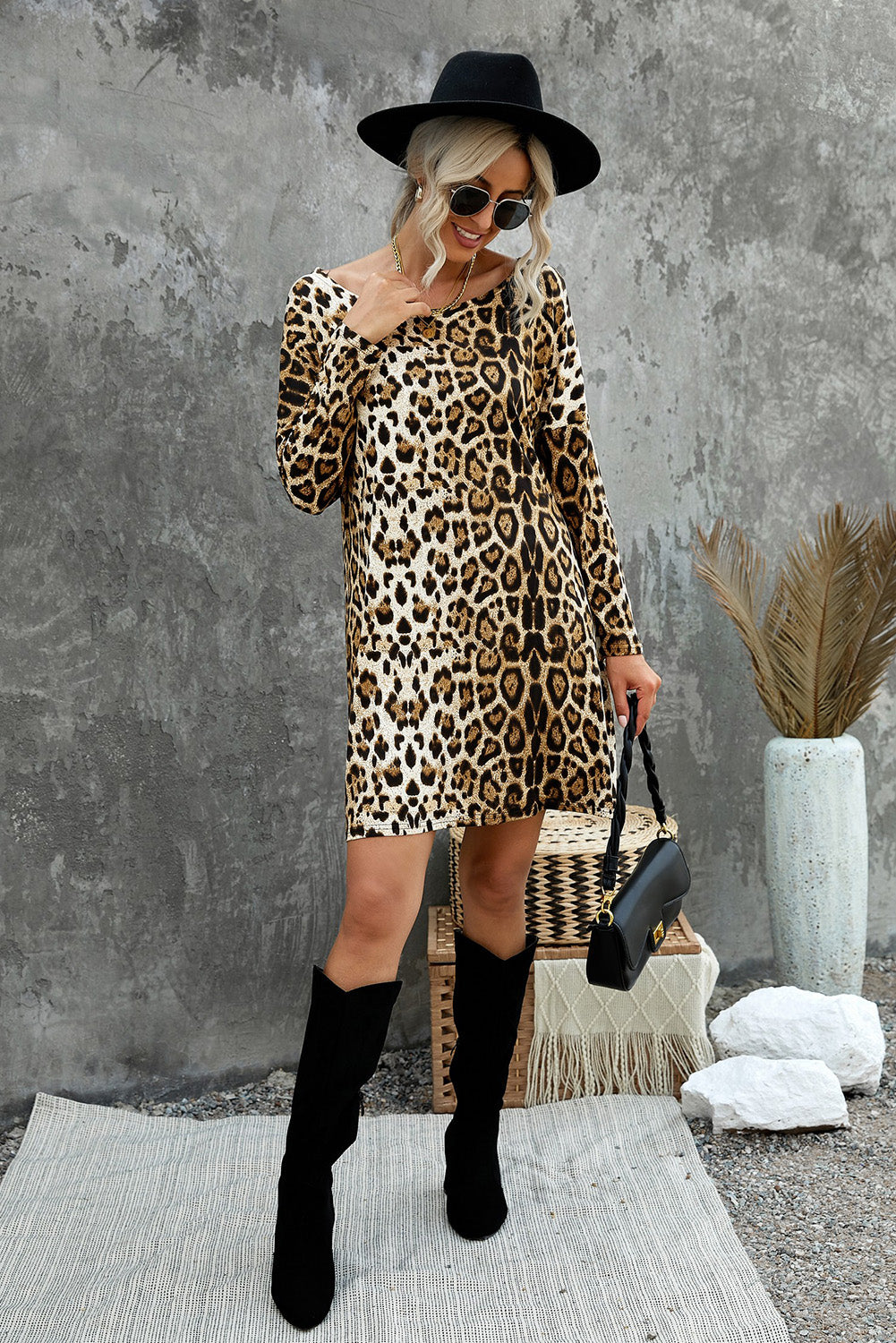 Leopard Asymmetric Hem Dolman Sleeve Dress