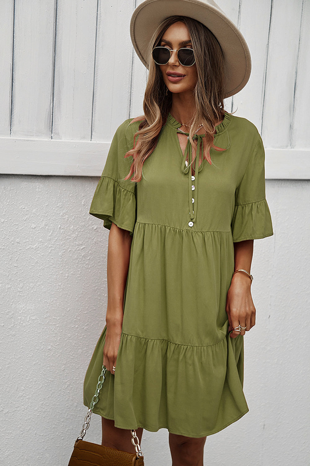 Button Front Tiered Tie Neck Mini Dress Button Front Tiered Tie Neck Mini Dress - M&R CORNER Trendsi Green / S