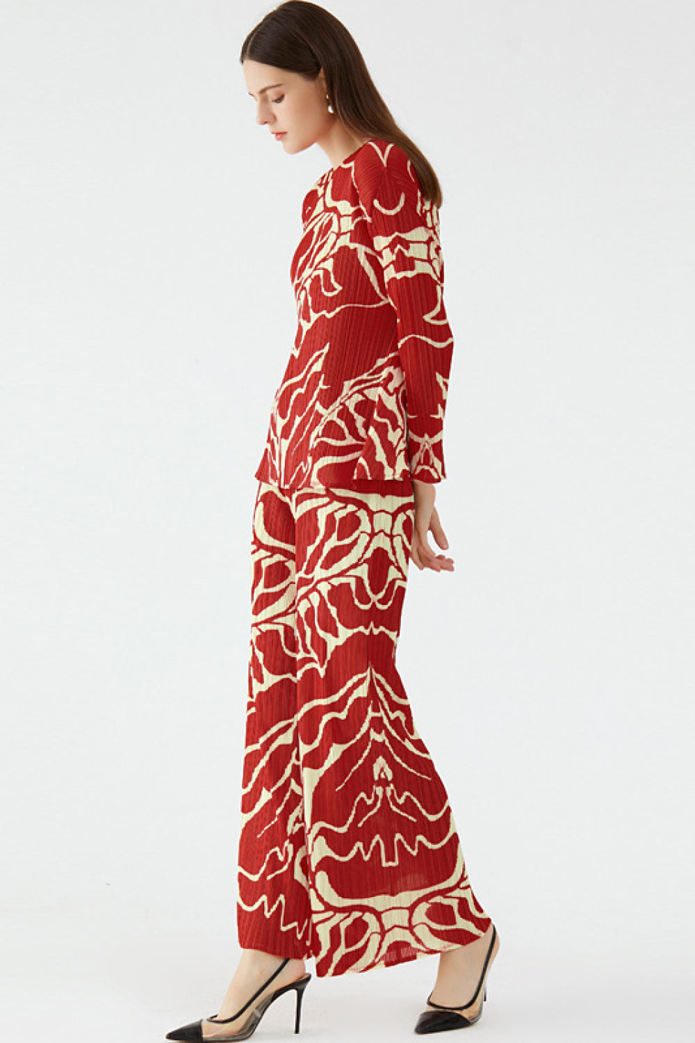 Abstract Print Accordion Pleated Top and Wide Leg Pants Set