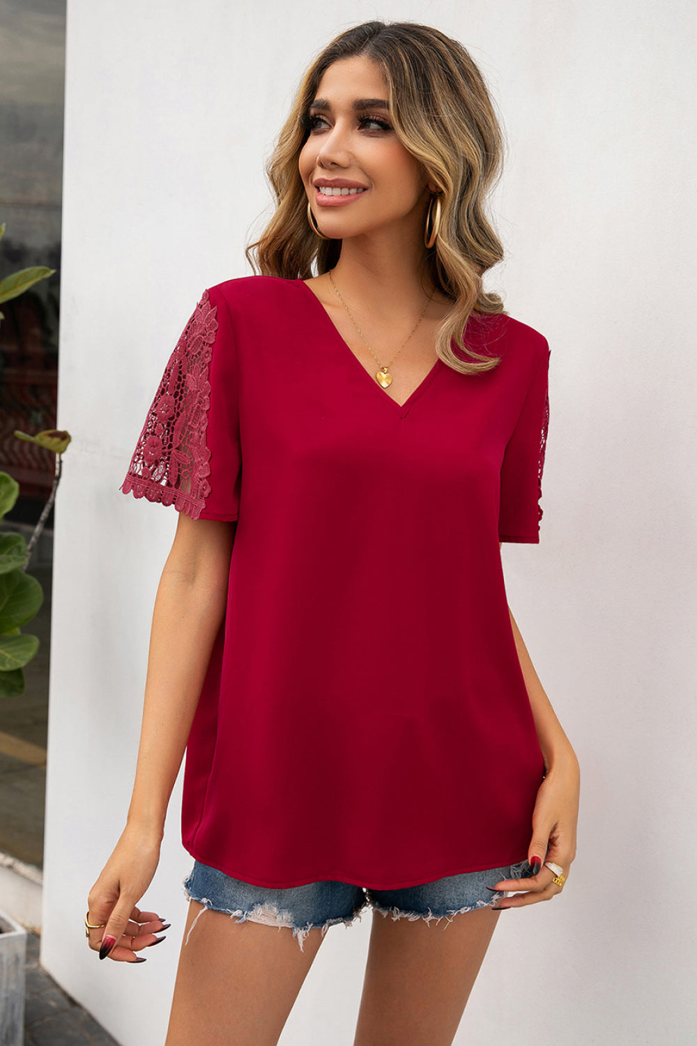 Lace Trim V-Neck Short Sleeve Blouse Lace Trim V-Neck Short Sleeve Blouse - M&R CORNER Trendsi