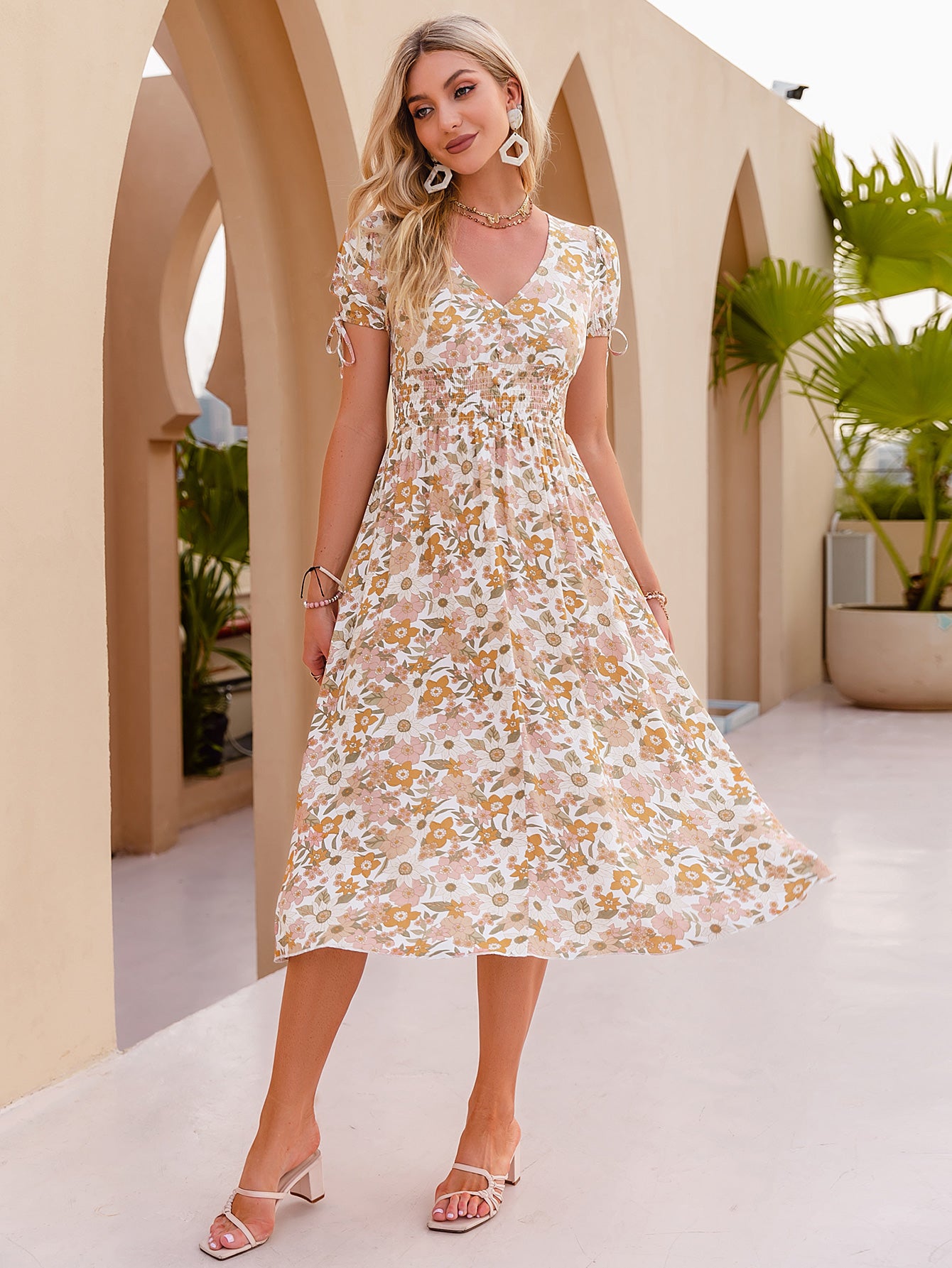Floral Smocked Waist Midi Dress
