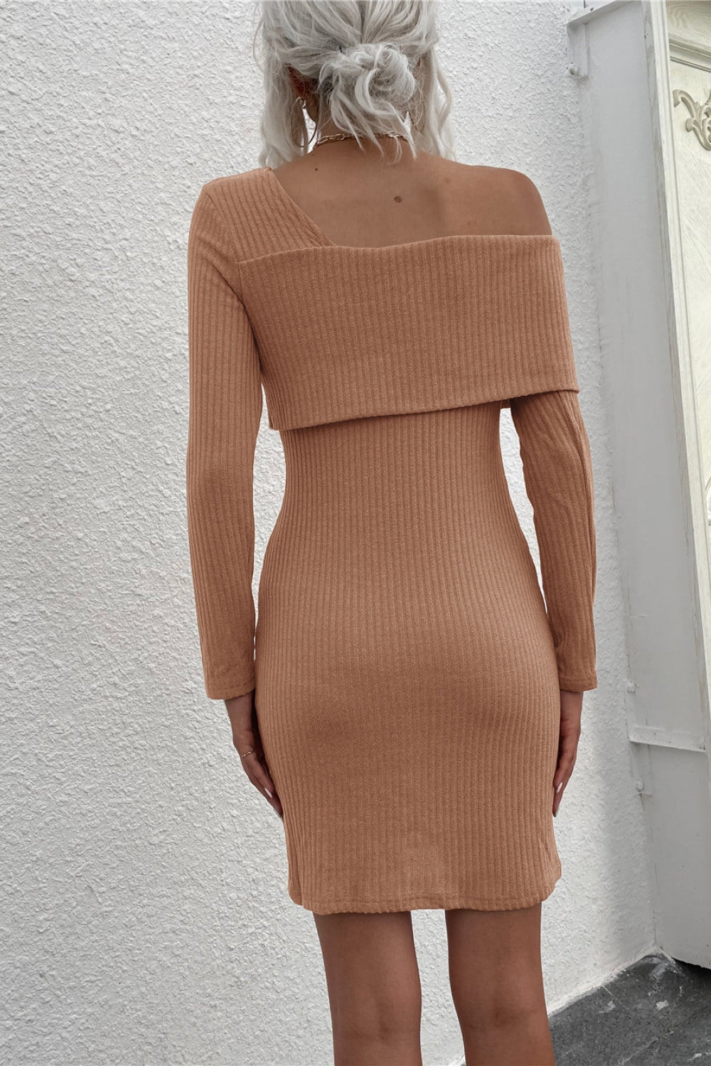 Asymmetrical Fold-Over Neck Ribbed Mini Dress
