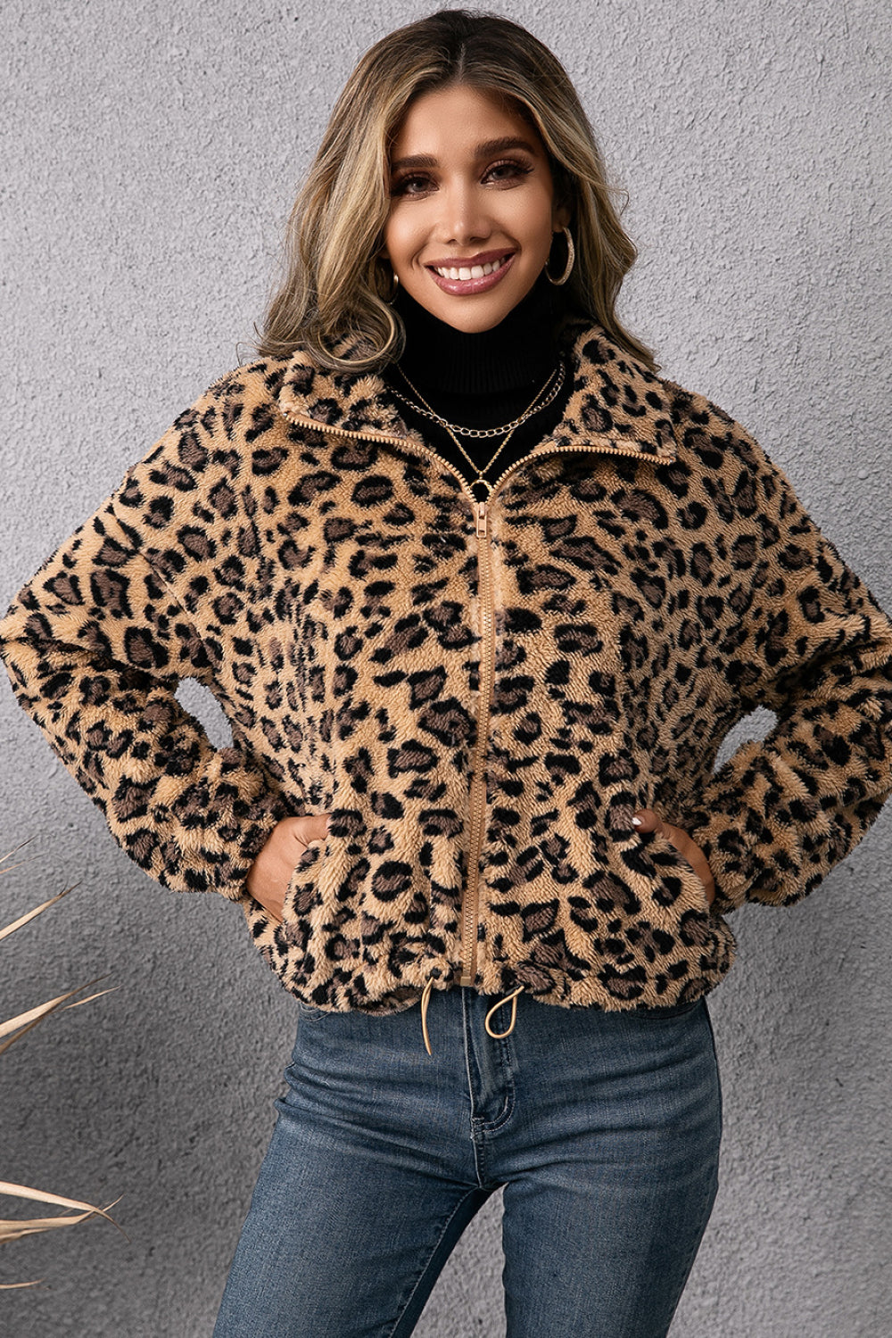 Leopard Zip Up Fleece Jacket with Pockets
