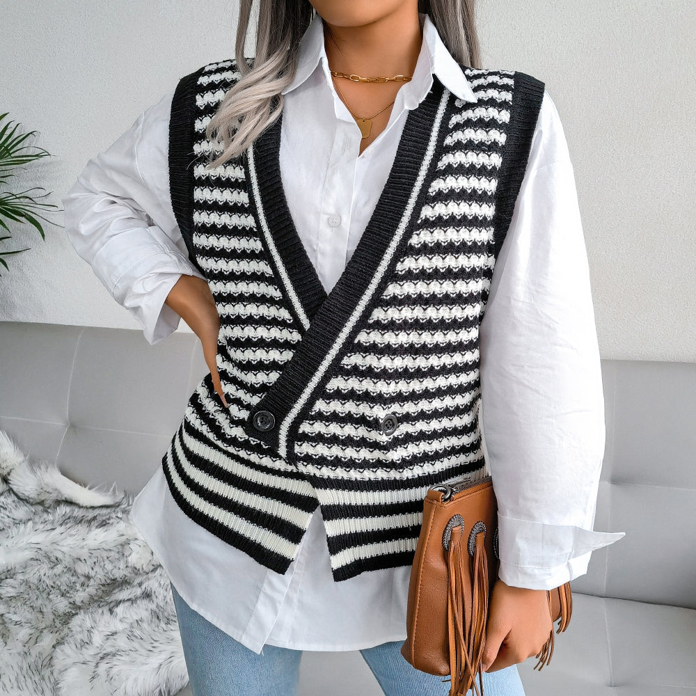 Striped Ribbed Trim Double-Breasted Sweater Vest