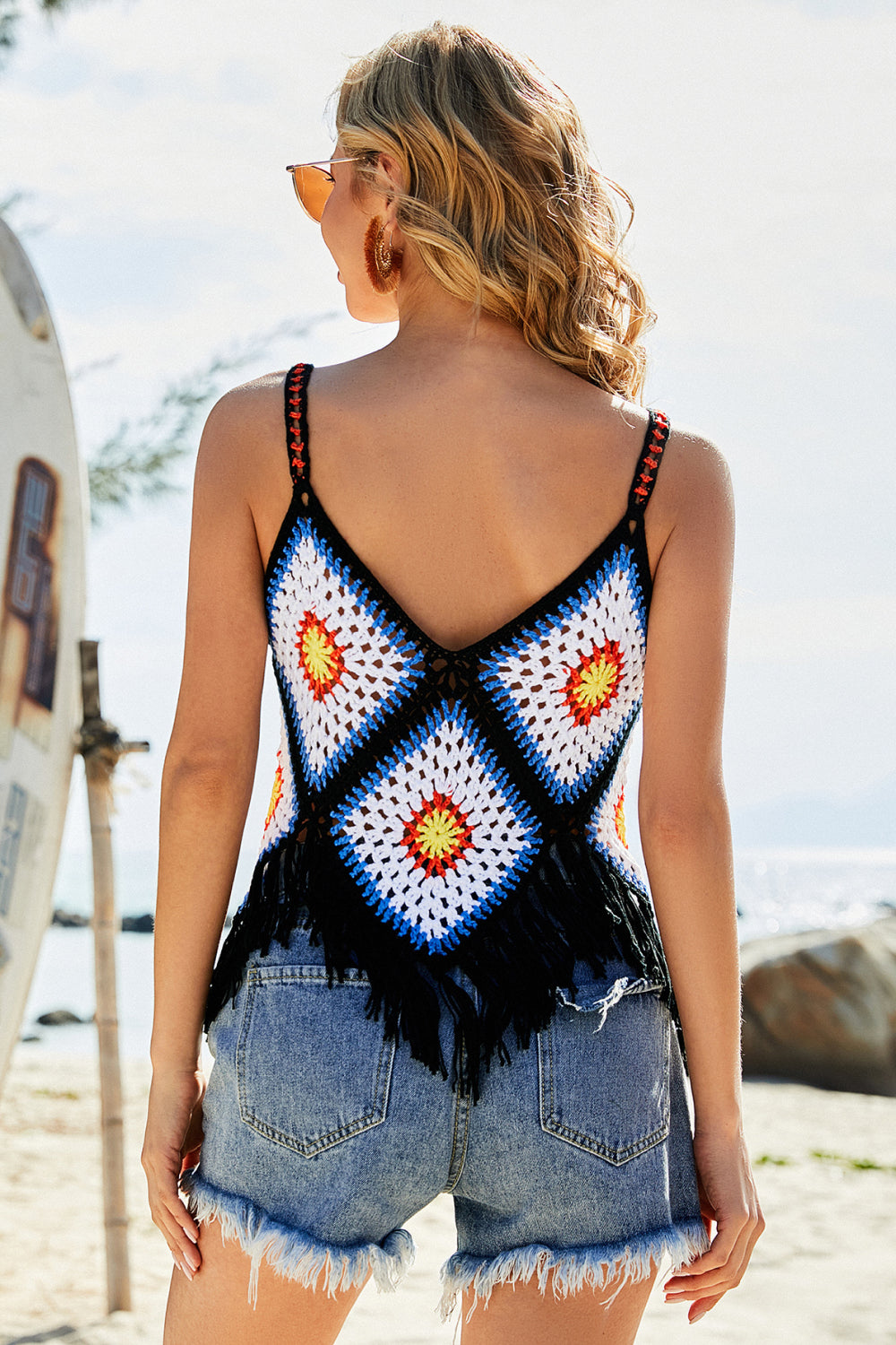 Granny Square Fringe Hem Crochet Cami Cover Up