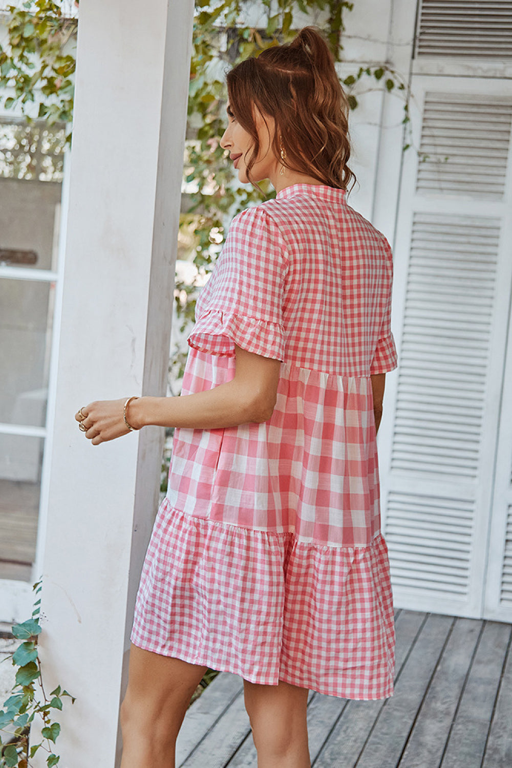 Gingham Tiered Mini Dress with Decorative Buttons