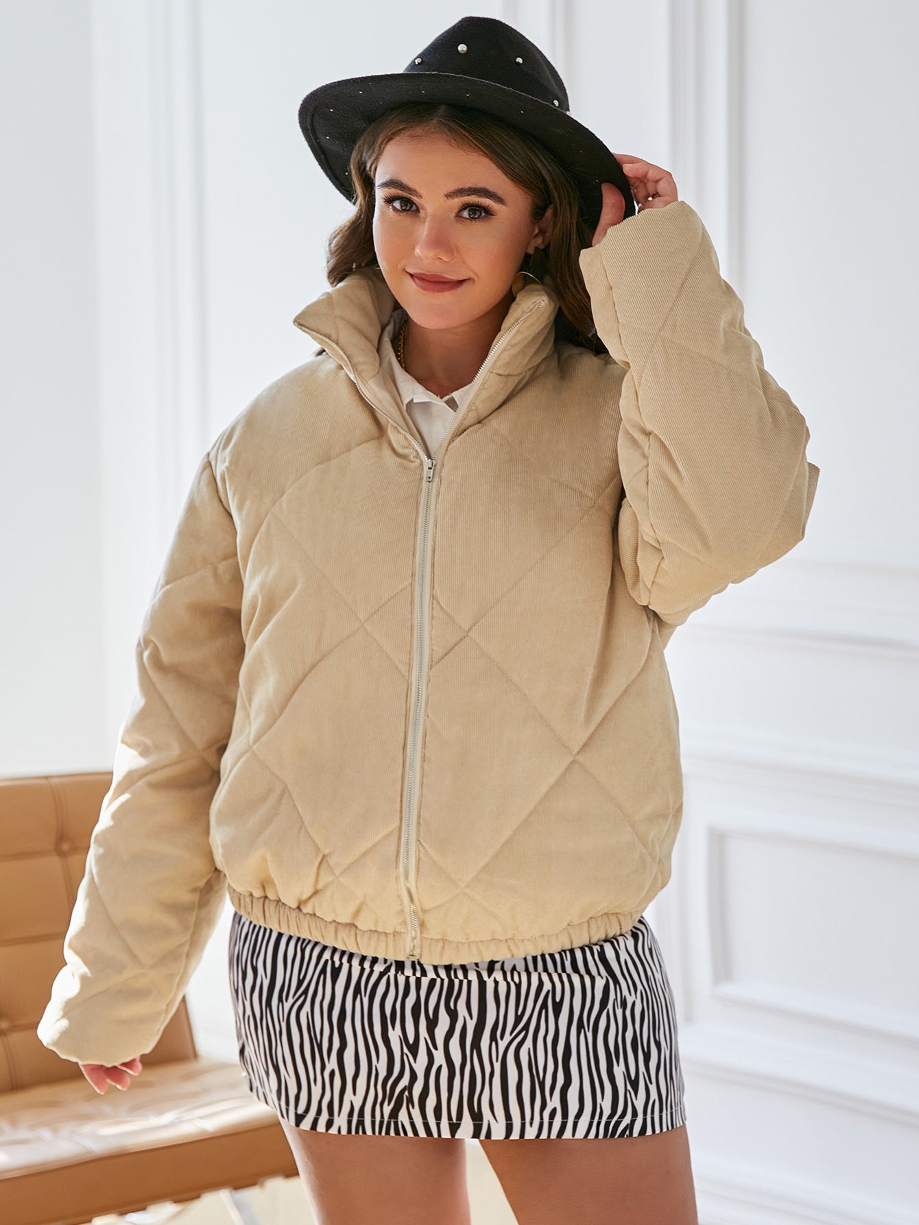 Plus Size Zip Up Corduroy Quilted Puffer Jacket