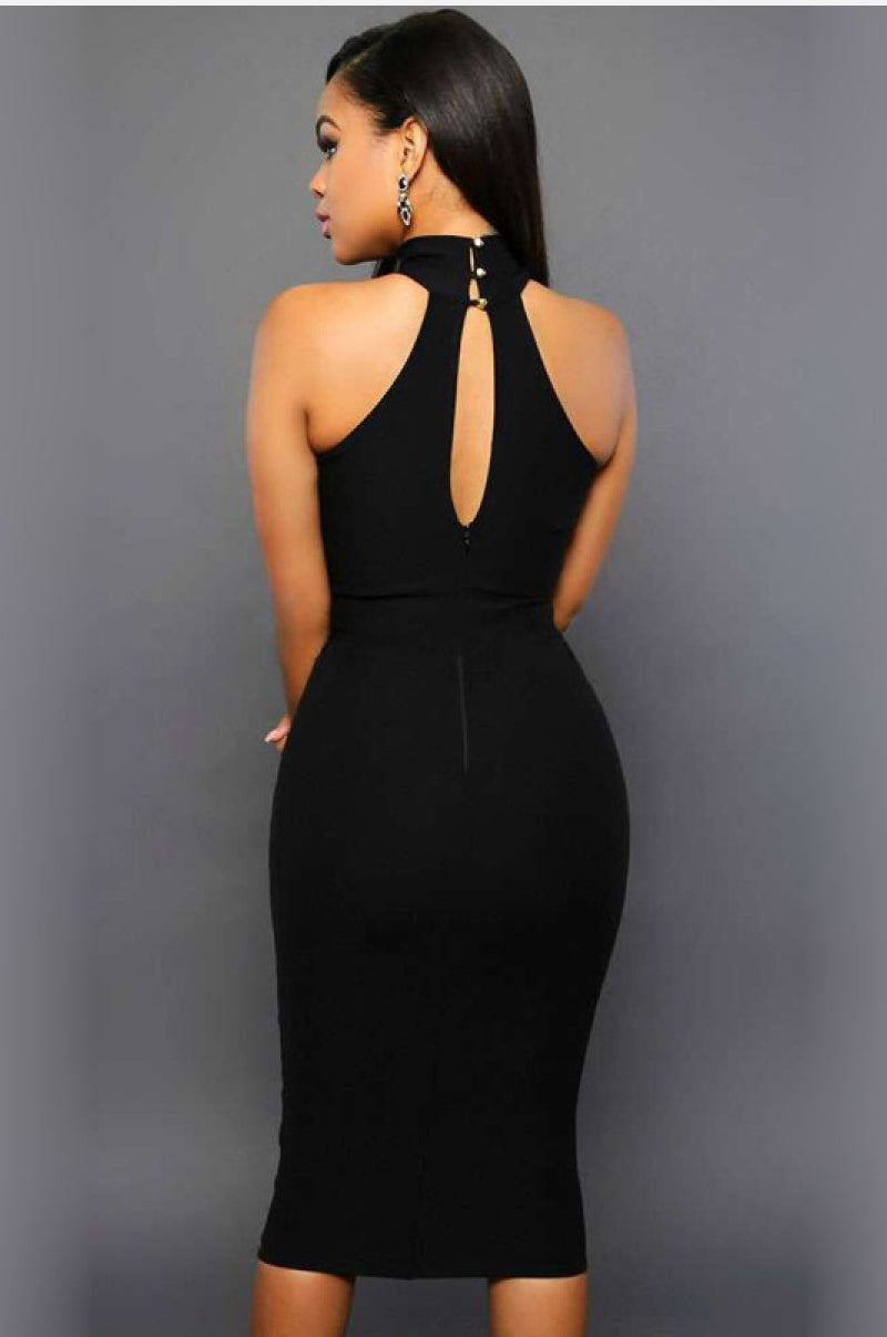 Mesh Front Halter Dress with Keyhole