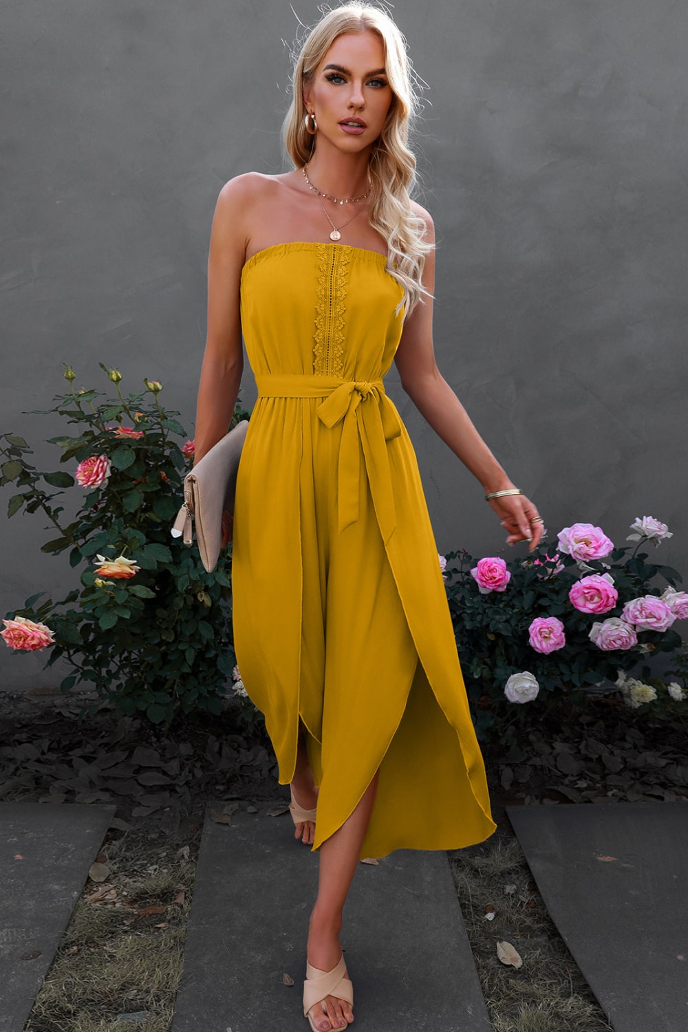 Lace Trim Tie-Waist Strapless Cropped Jumpsuit