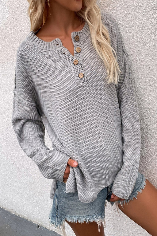 Buttoned Exposed Seam High-Low Sweater Buttoned Exposed Seam High-Low Sweater - M&R CORNER M&R CORNER Gray / S
