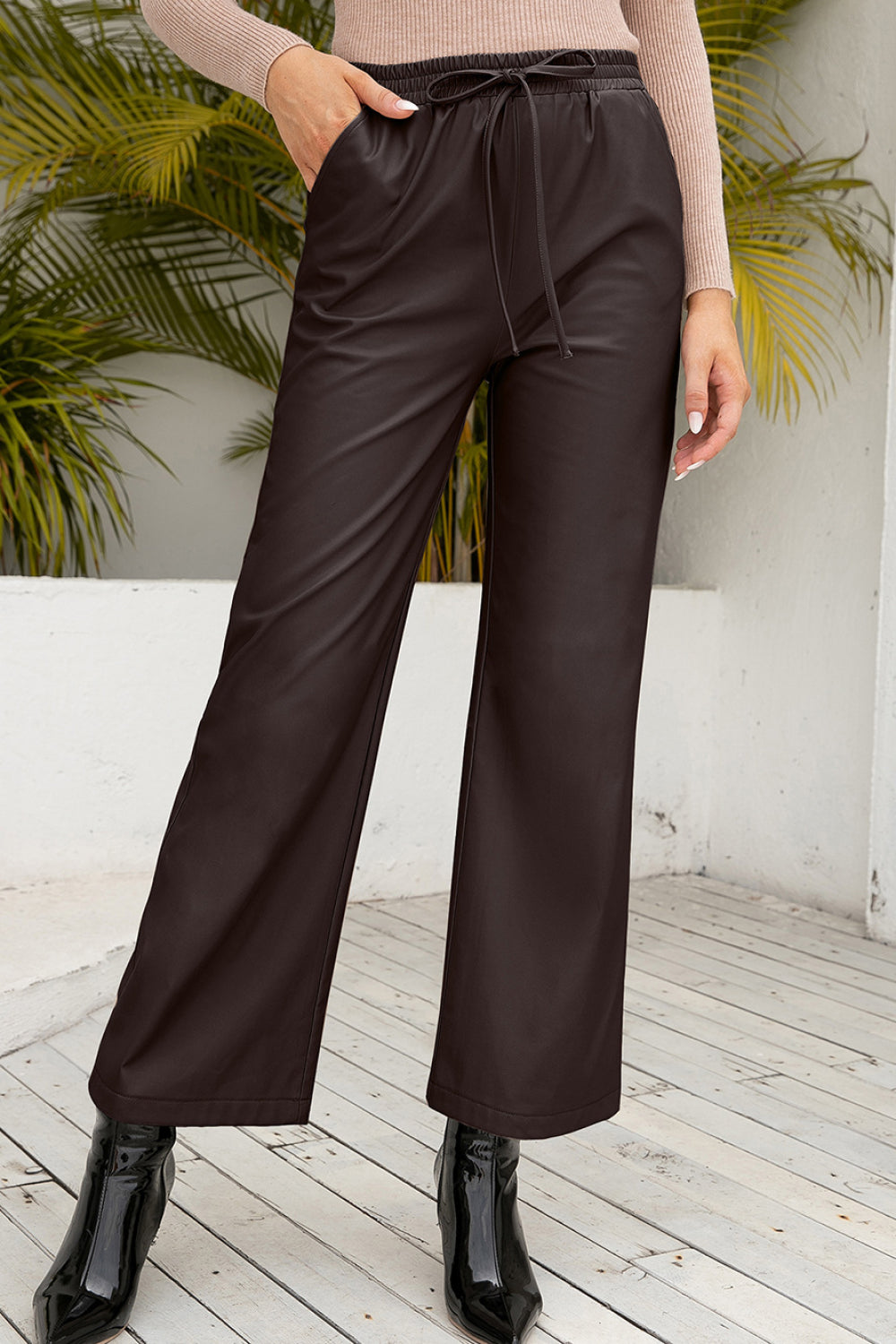 Wide Leg PU Leather Pants