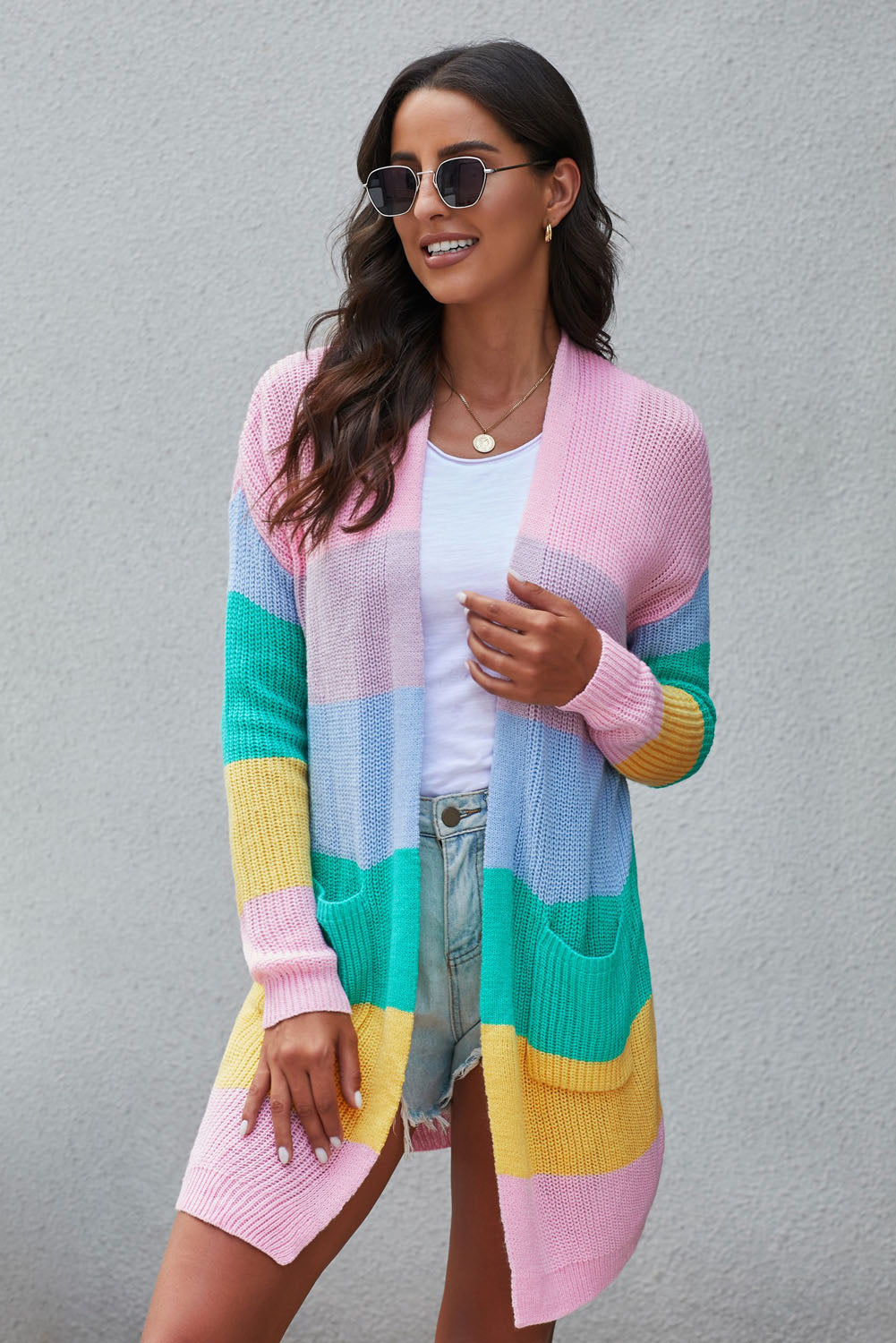 Color Block Open Front Knit Cardigan