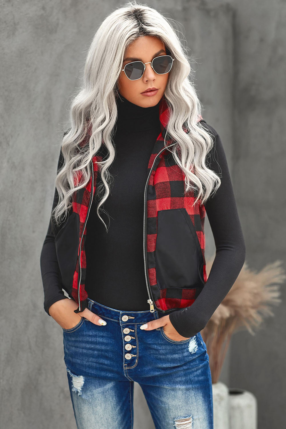 Plaid Zip Up Spliced Vest with Pockets