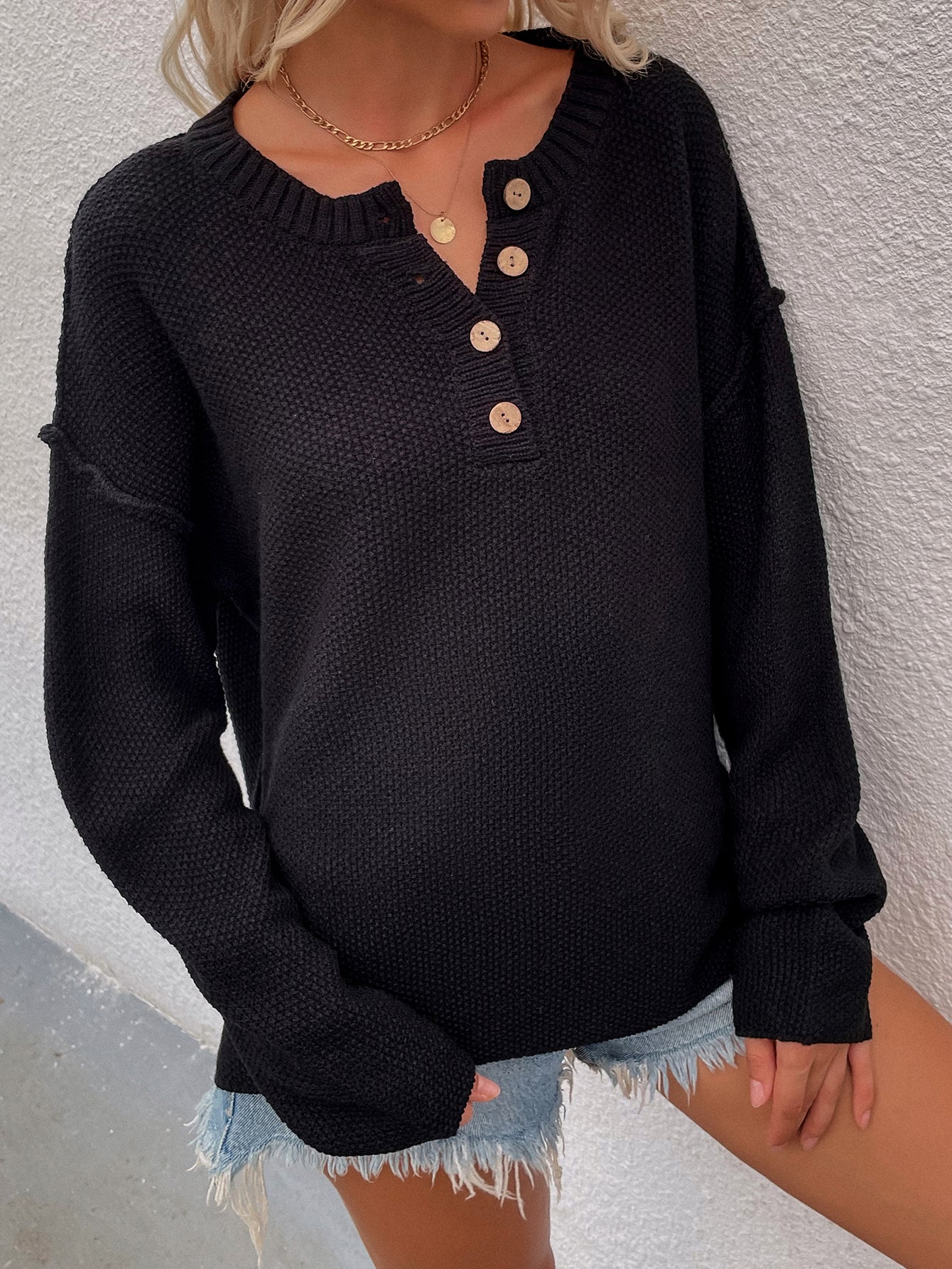 Buttoned Exposed Seam High-Low Sweater Buttoned Exposed Seam High-Low Sweater - M&R CORNER M&R CORNER Black / S