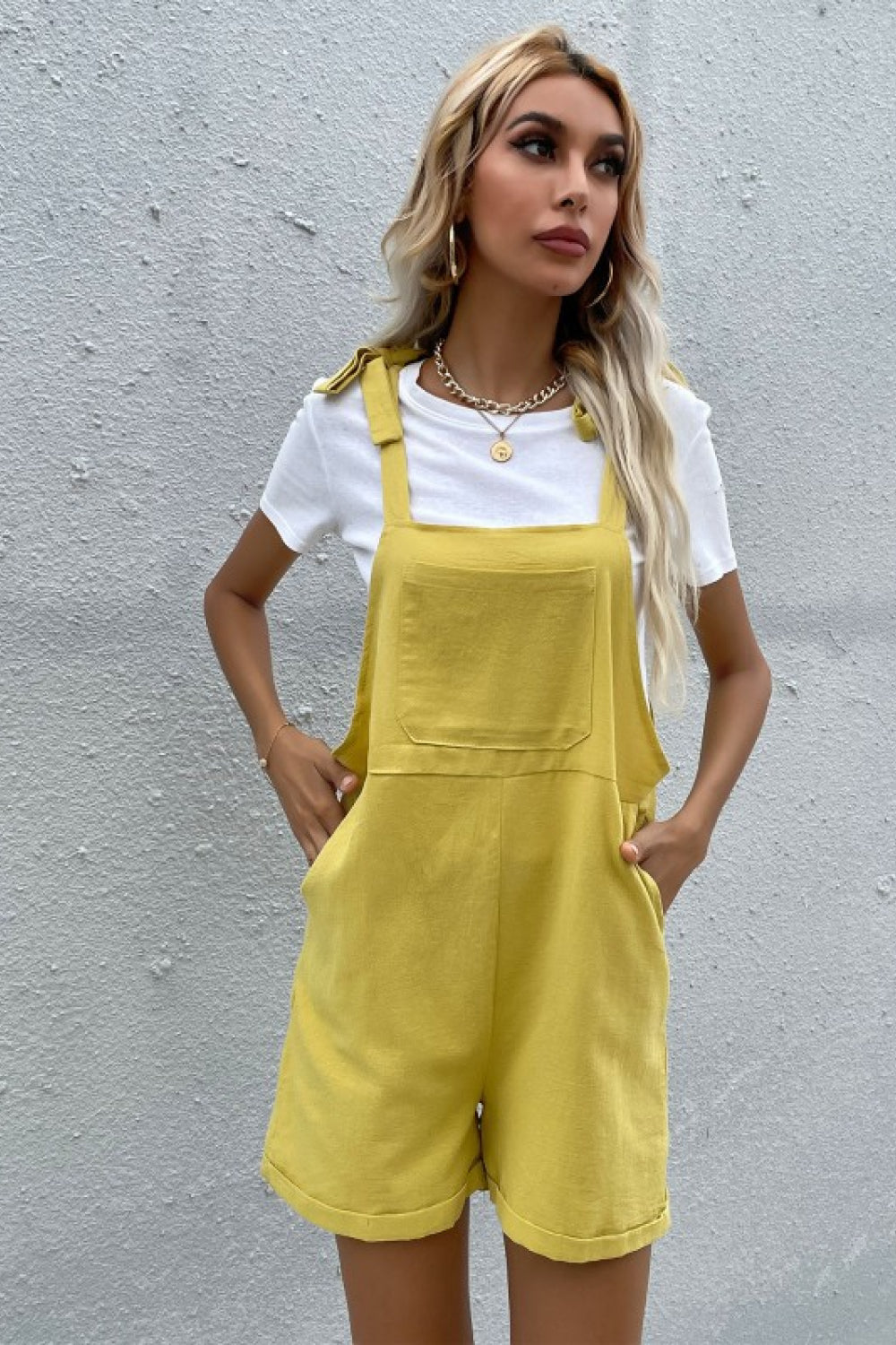 Tie Cuffed Short Overalls with Pockets Tie Cuffed Short Overalls with Pockets - M&R CORNER Trendsi Yellow / S