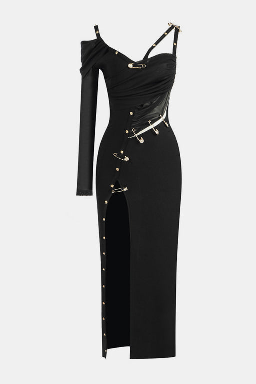 One Sleeve Pin Detail Slit Dress One Sleeve Pin Detail Slit Dress - M&R CORNERDresses Trendsi Black / XS
