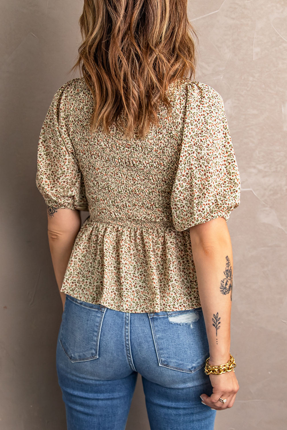 Ditsy Floral Puff Sleeve Peplum Blouse