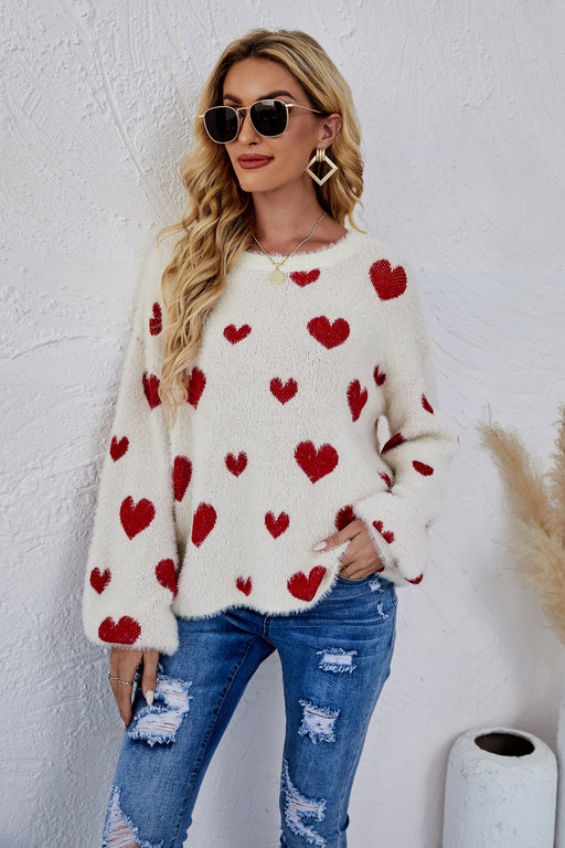 Heart Print Fuzzy Crewneck Long Sleeve Sweater Heart Print Fuzzy Crewneck Long Sleeve Sweater - M&R CORNER Trendsi Beige / S