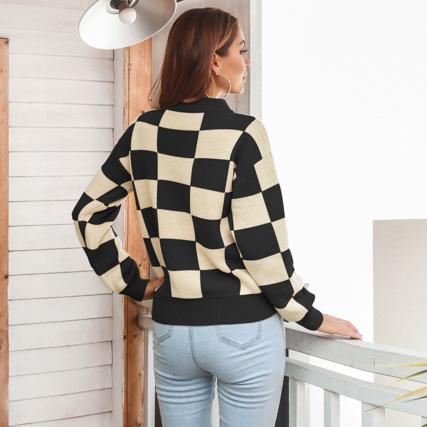 Checkered Two-Tone Dropped Shoulder Crewneck Sweater Checkered Two-Tone Dropped Shoulder Crewneck Sweater - M&R CORNERsweater M&R CORNER
