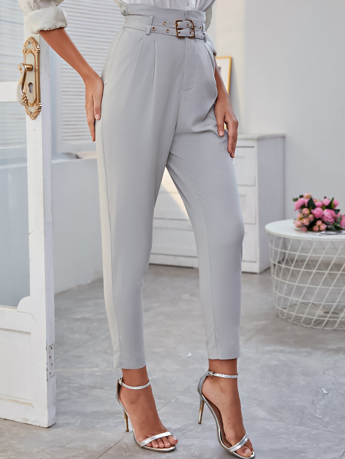 Belted Cropped Pants with Side Pockets