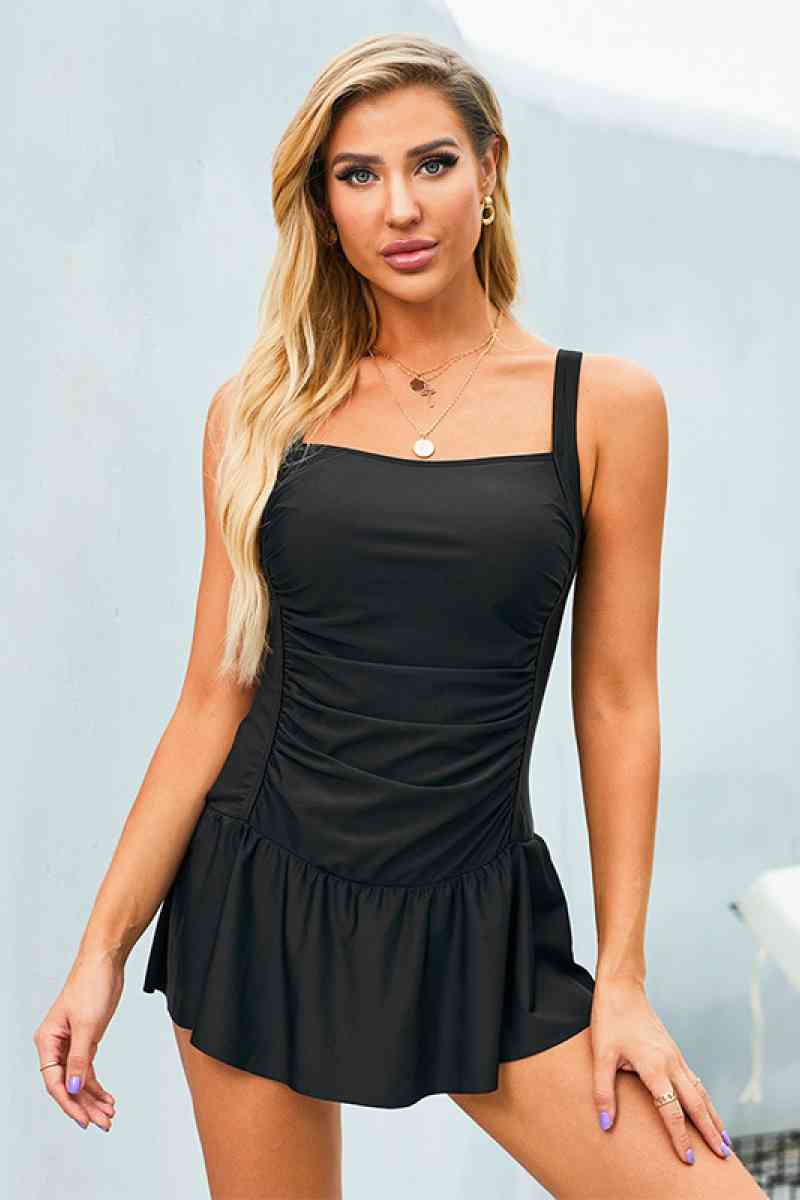Solid Sleeveless One Piece Skirt Swimsuit