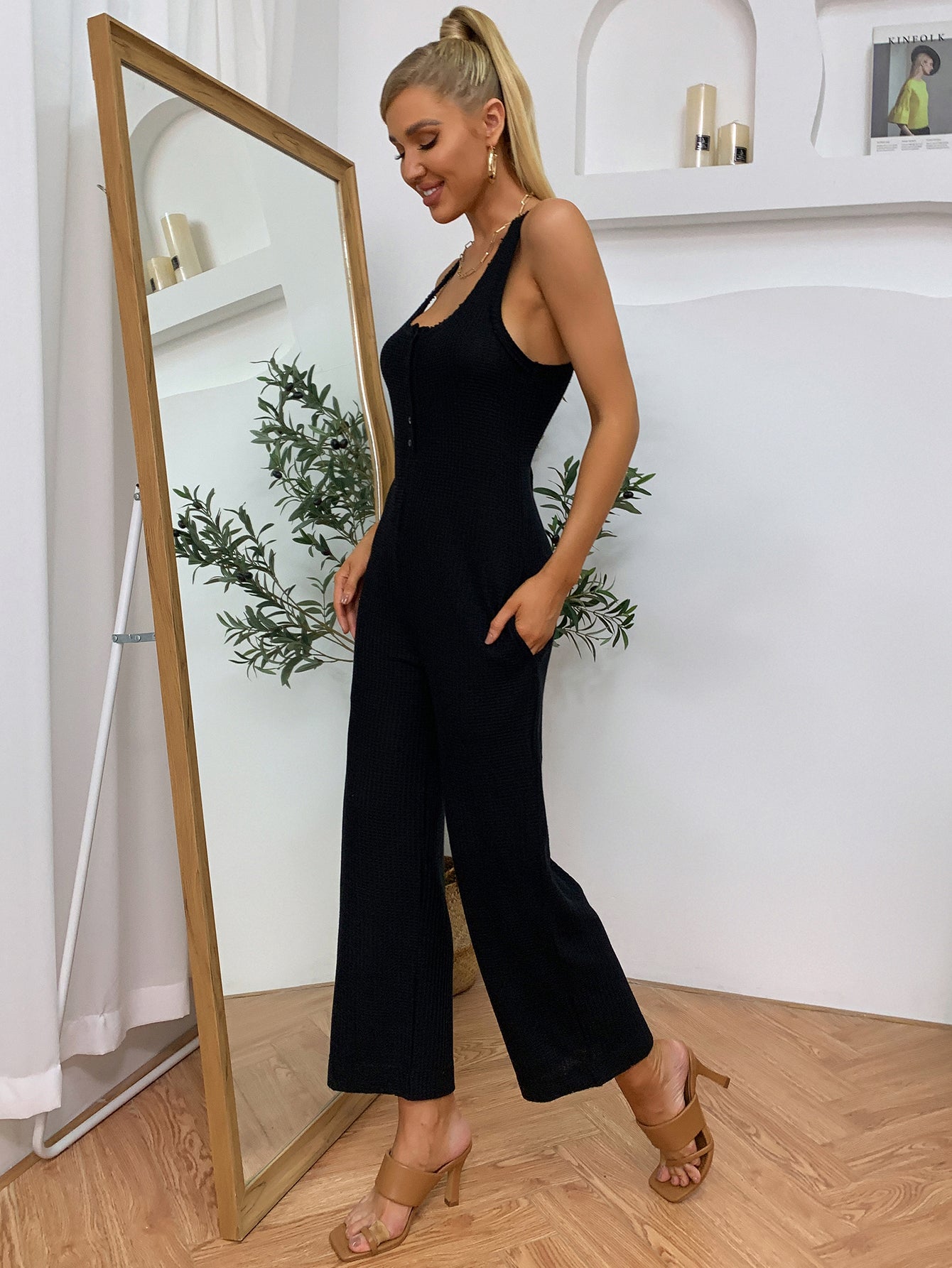 Waffle Knit Sleeveless Button Front Jumpsuit