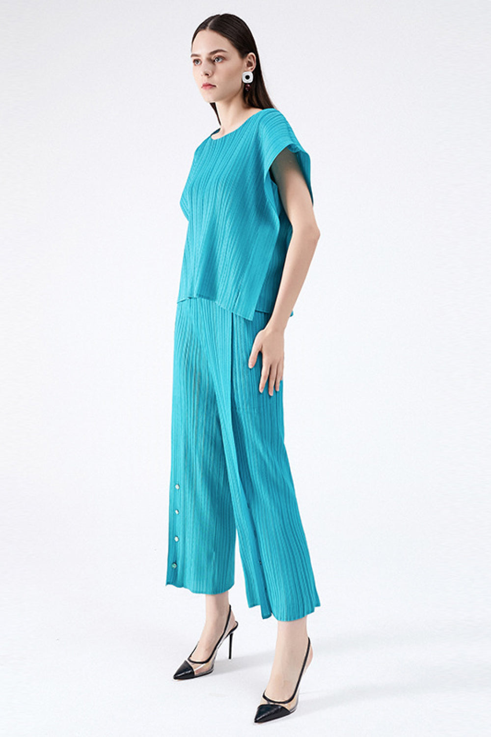 Accordion Pleated Round Neck Top and Pants Set