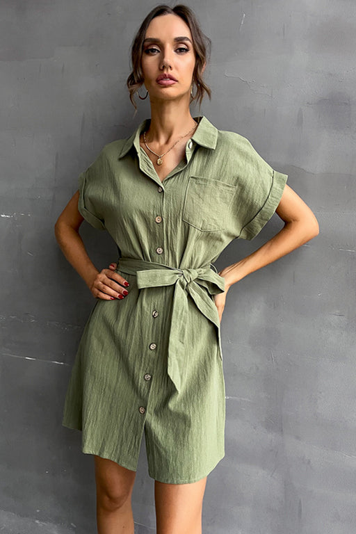Tie-Waist Short Sleeve Mini Shirt Dress Tie-Waist Short Sleeve Mini Shirt Dress - M&R CORNER Trendsi Green / S