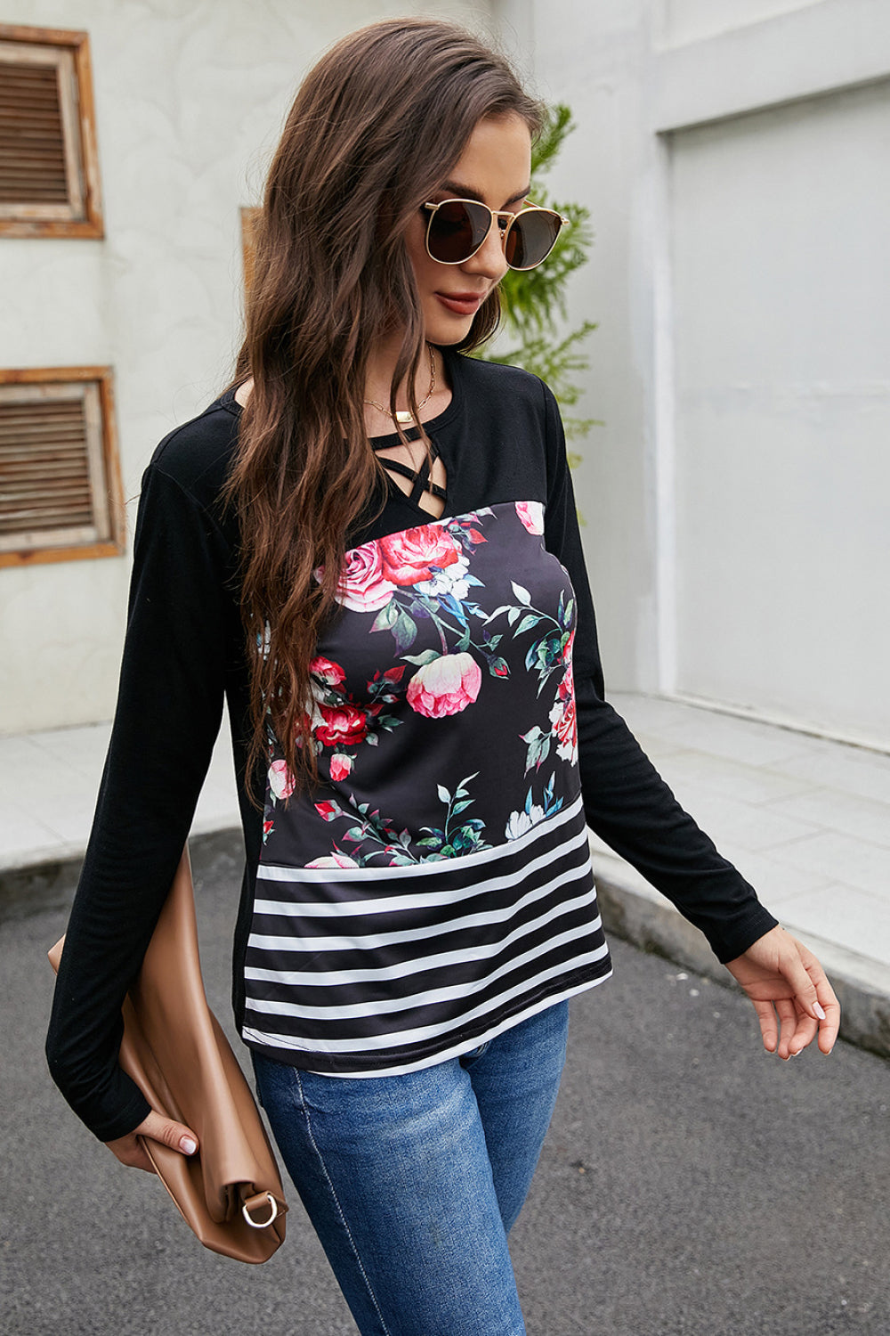 Floral and Striped Print Lace Up Top