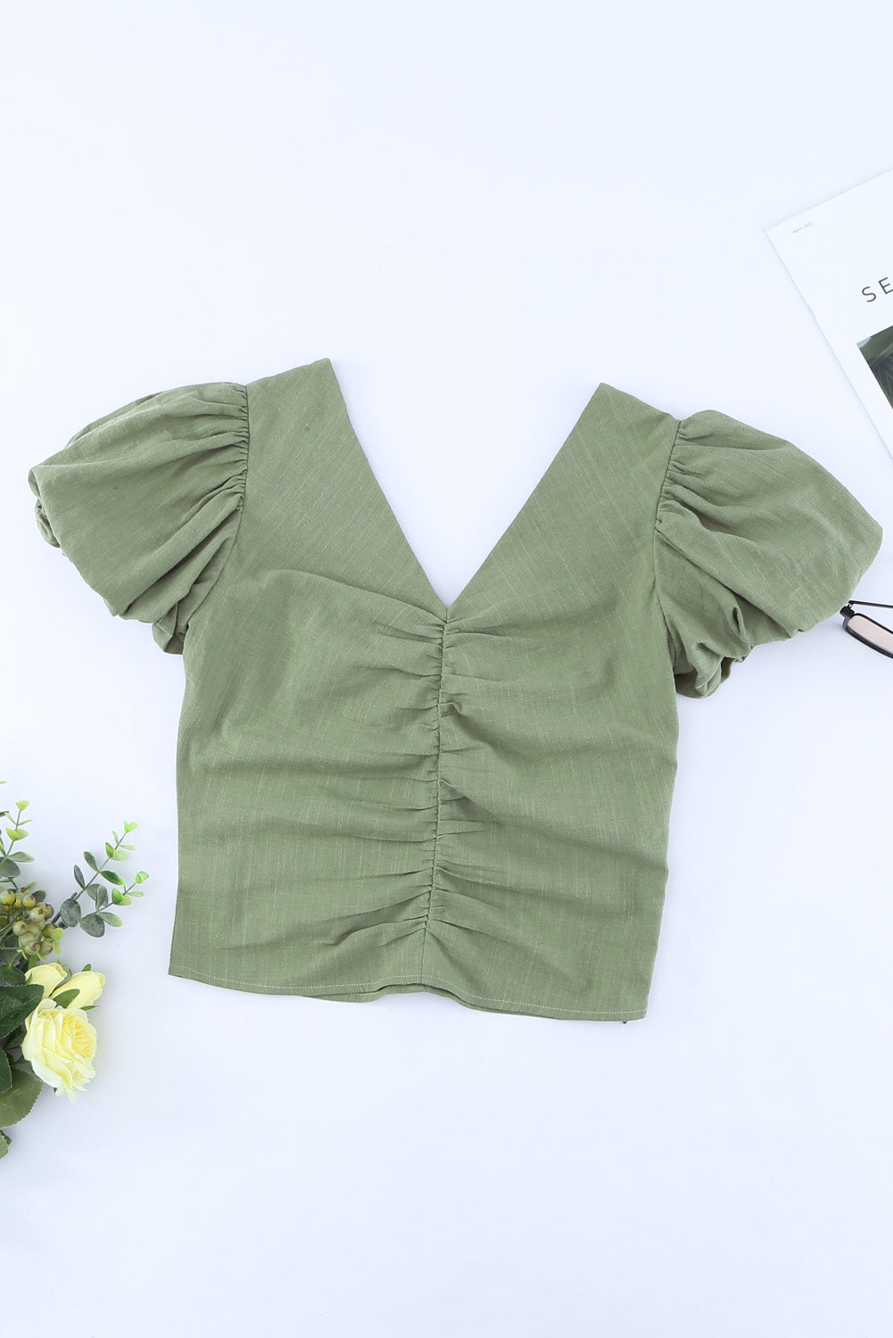 Ruched Short Puff Sleeve Cropped Top