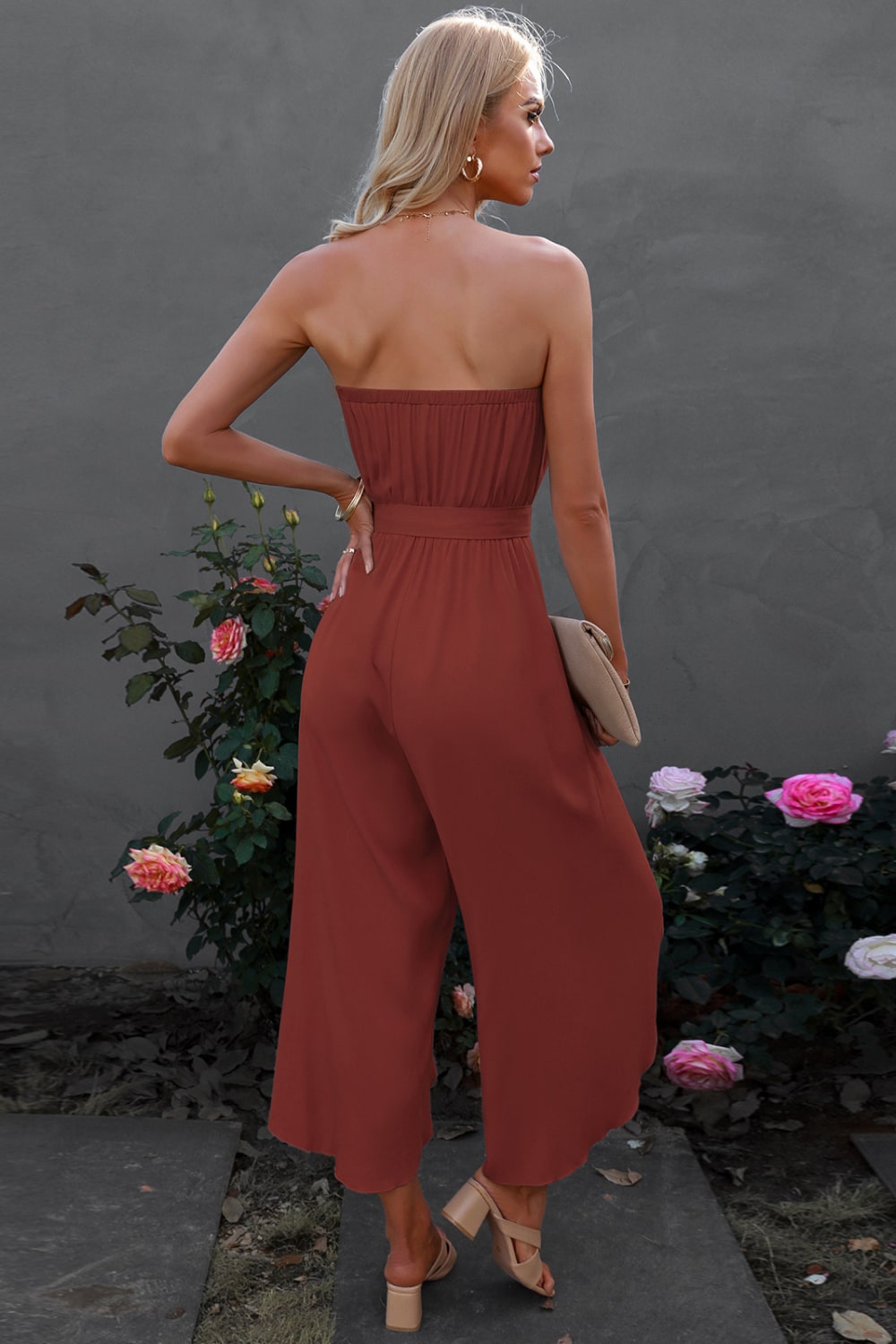 Lace Trim Tie-Waist Strapless Cropped Jumpsuit