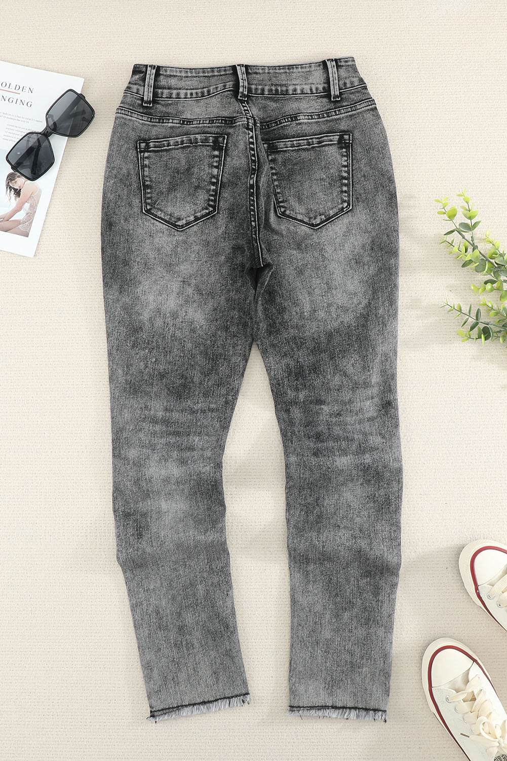 Acid Wash Raw Hem Distressed Jeans