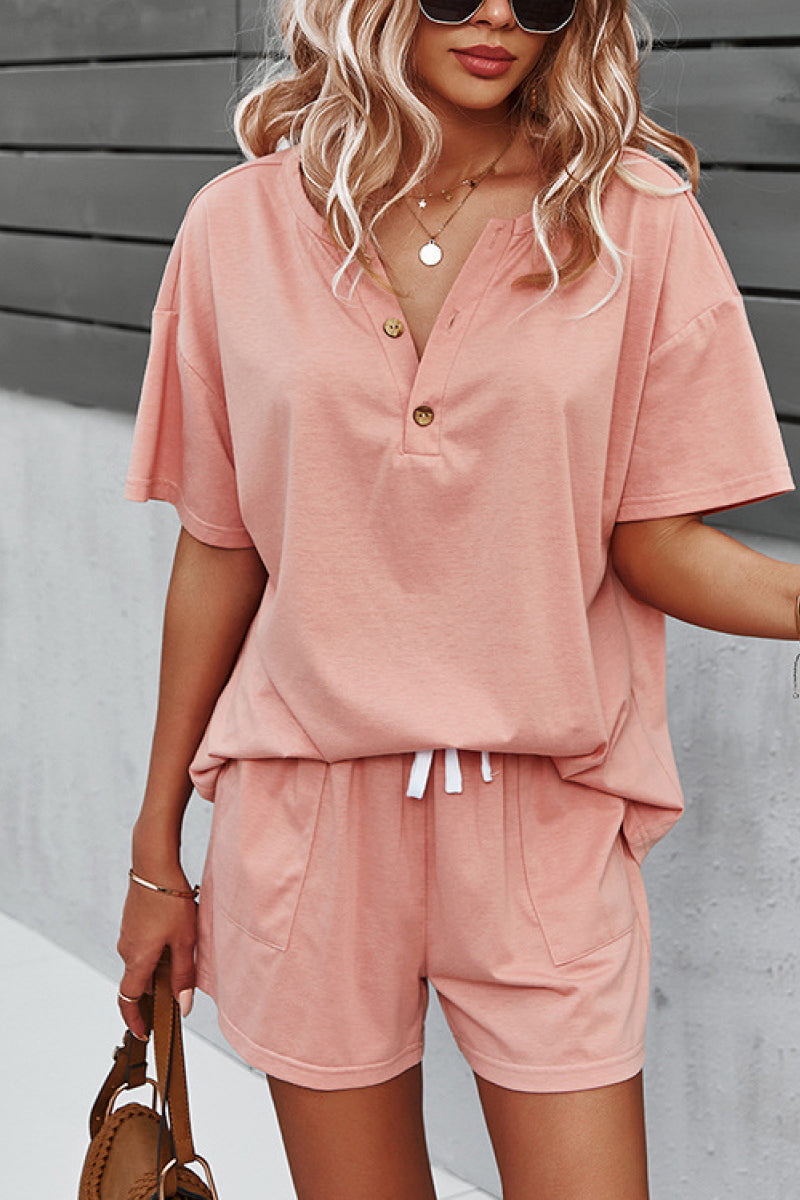 Button Up T-Shirt and Pocketed Shorts Lounge Set