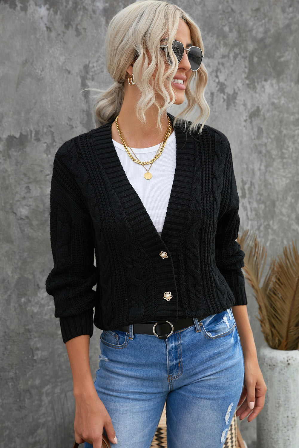 Cable Knit Floral Button Cardigan