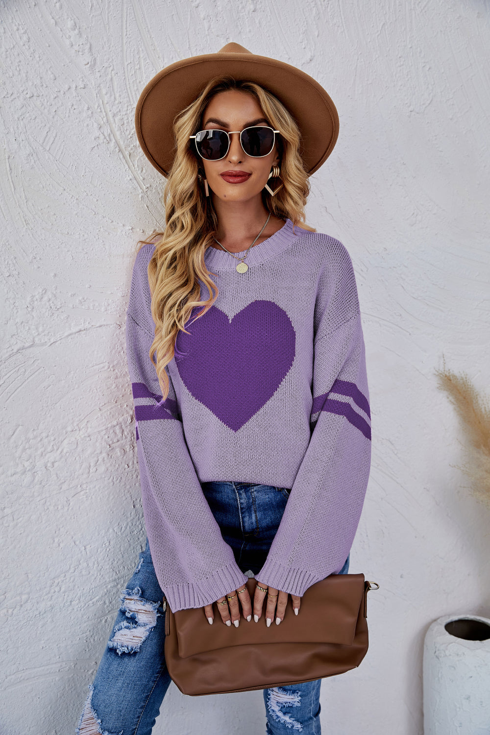Heart Graphic Long Sleeve Ribbed Trim Sweater