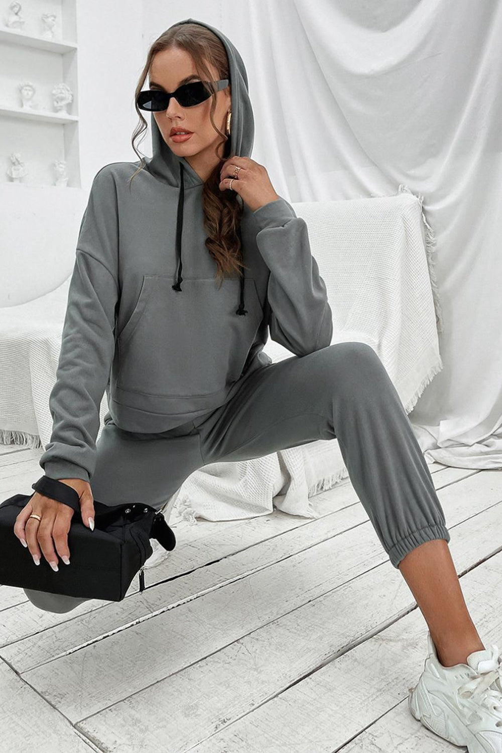 Drawstring Dropped Shoulder Hoodie and Joggers Set