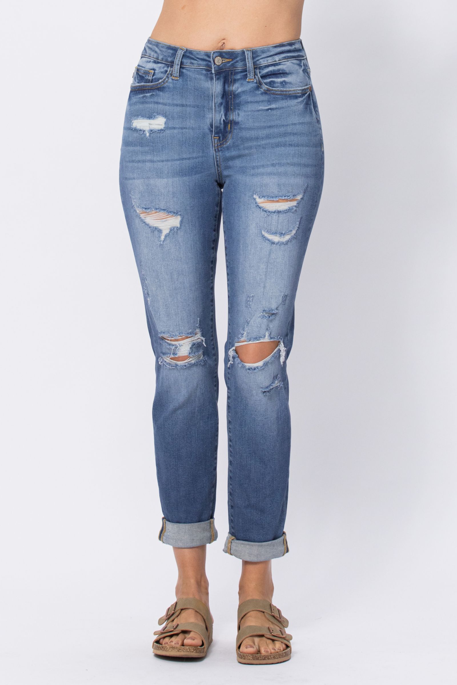 Judy Blue Mid Rise Cuffed Distressed Jeans Judy Blue Mid Rise Cuffed Distressed Jeans - M&R CORNER Trendsi Light Blue / 3/26