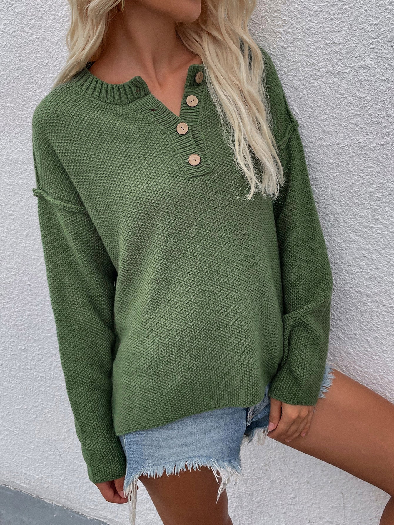 Buttoned Exposed Seam High-Low Sweater Buttoned Exposed Seam High-Low Sweater - M&R CORNER M&R CORNER Green / S