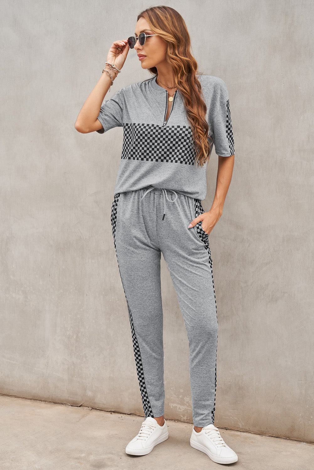 Checkered Short Sleeve Top and Lounge Pants Set
