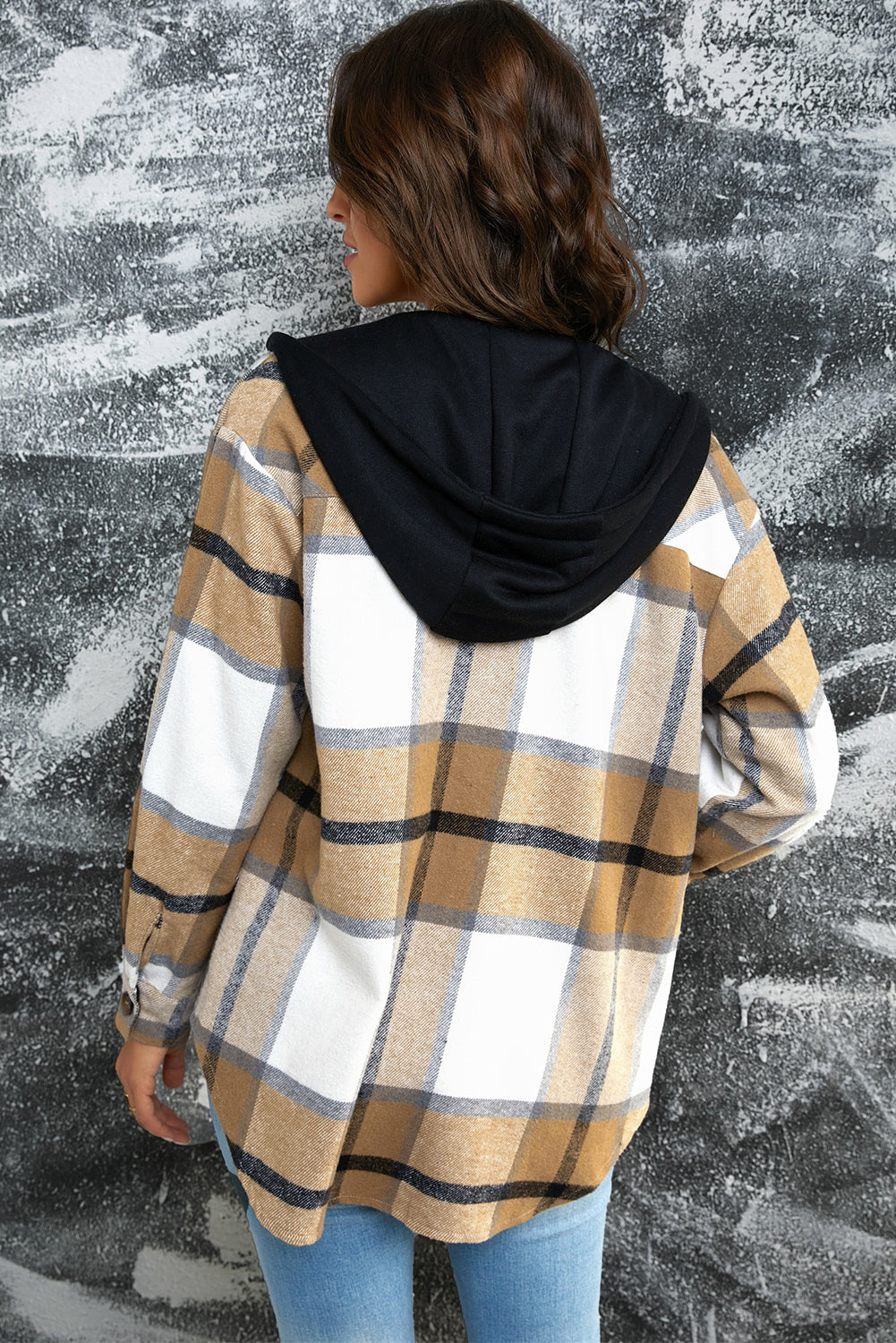 Plaid Button Down Hooded Shirt Jacket with Breast Pockets