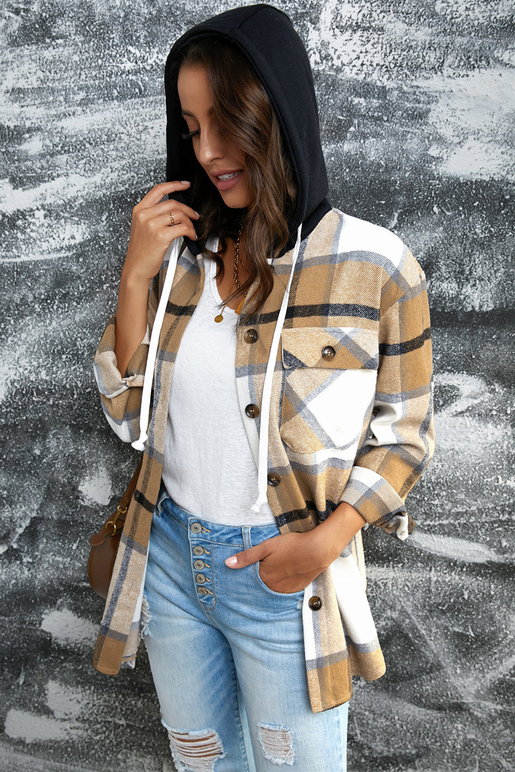 Plaid Button Down Hooded Shirt Jacket with Breast Pockets