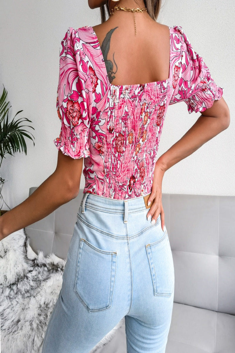 Baroque Floral Puff Sleeve Sweetheart Neck Blouse