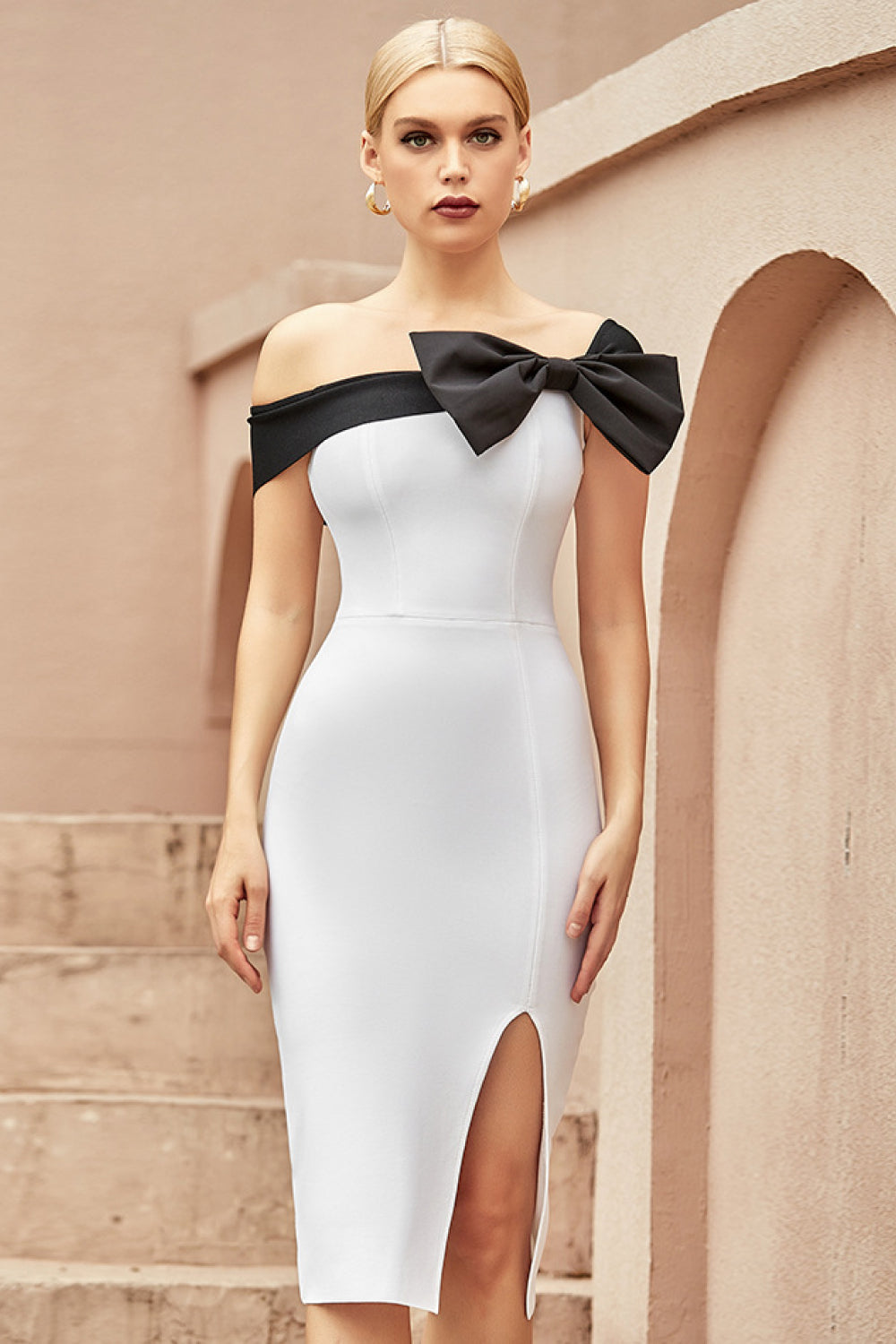 Two-Tone Off-Shoulder Bodycon Dress with Bow
