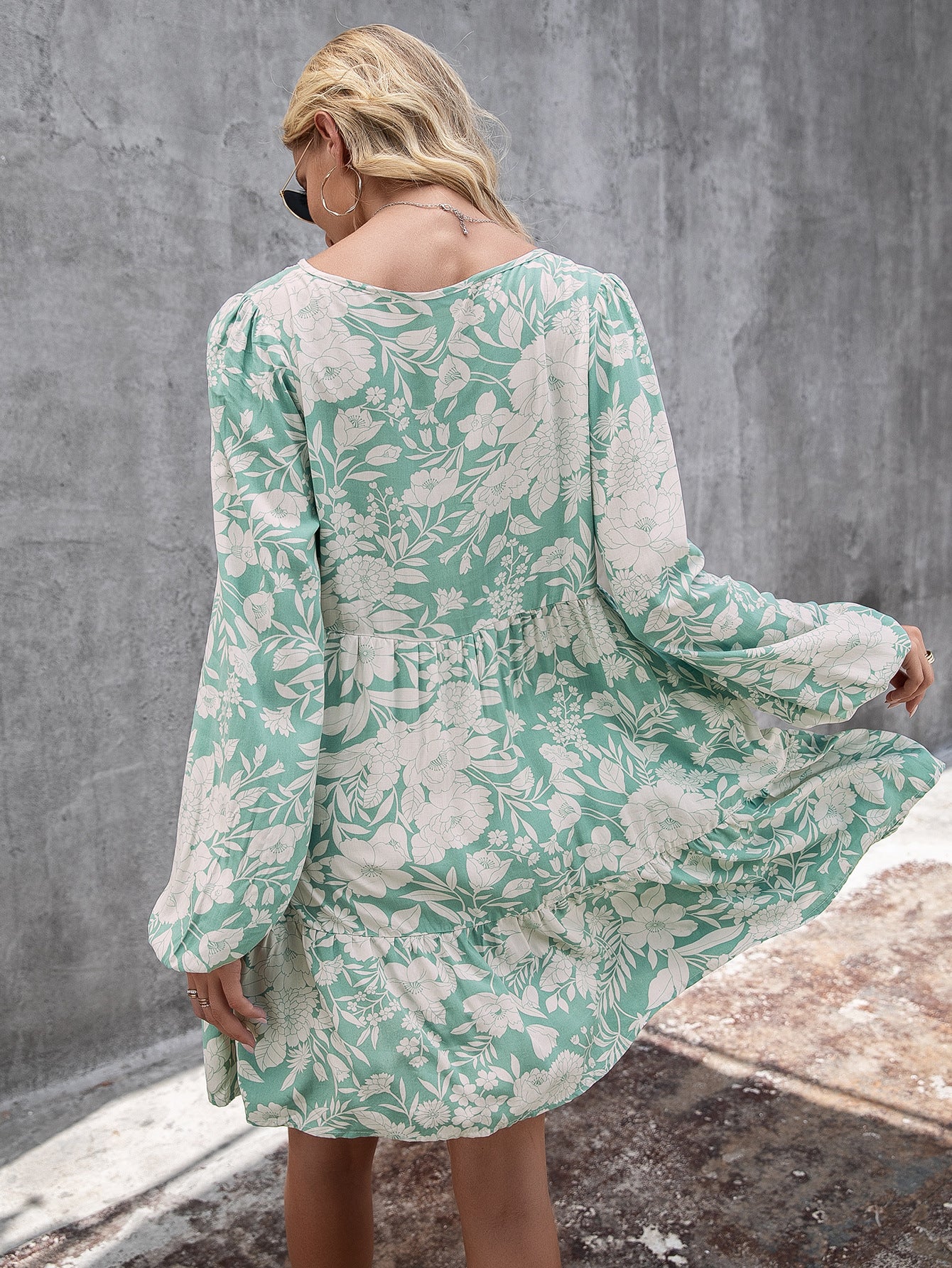 Botanical Print Lace Trim Tiered Mini Dress