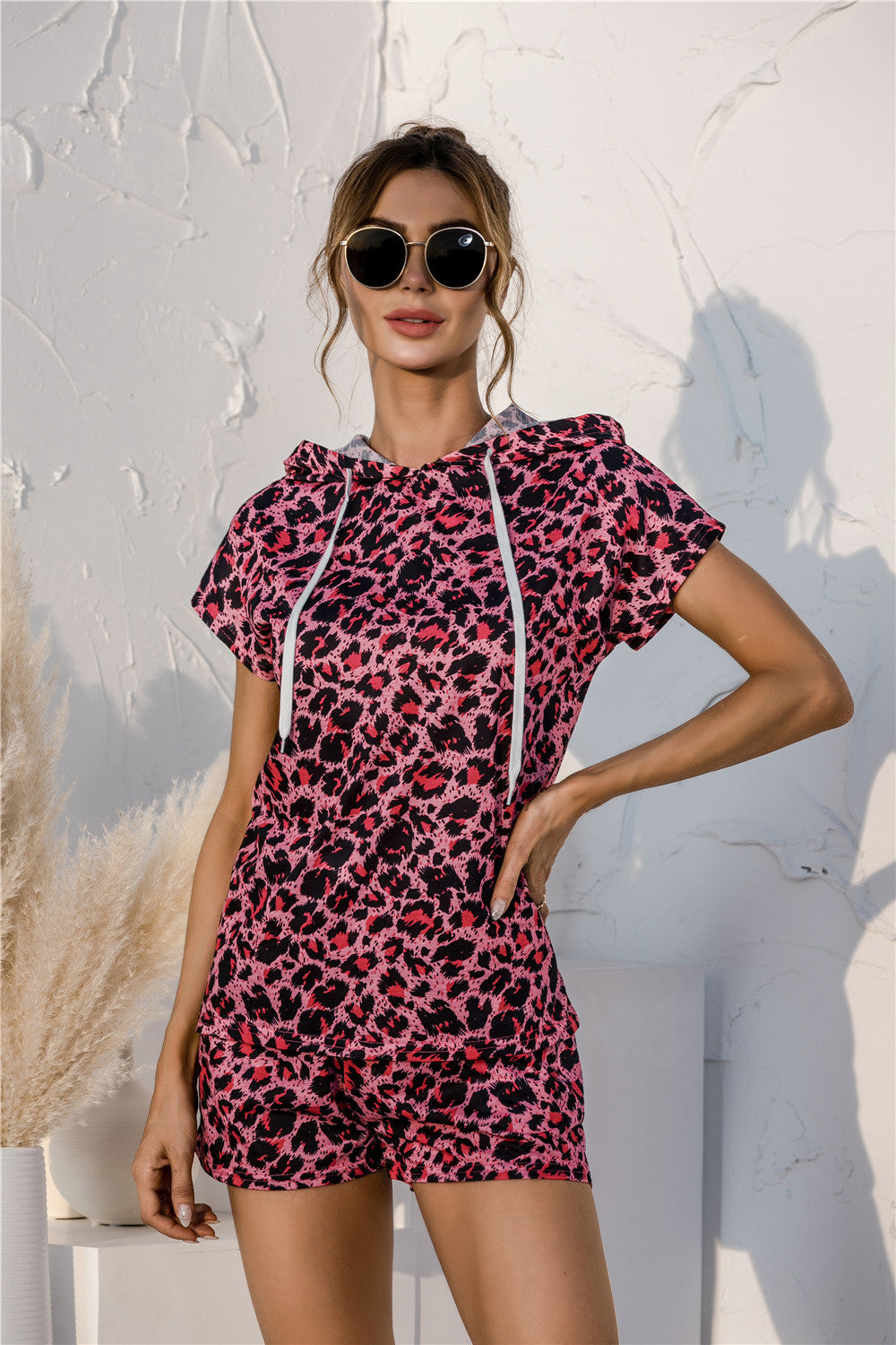 Leopard Print Hoodie & Shorts Set