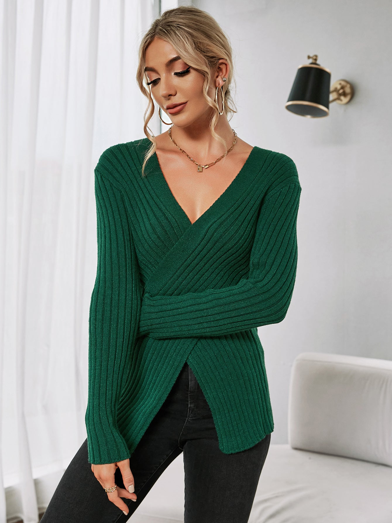 Crisscross Rib-Knit Sweater Crisscross Rib-Knit Sweater - M&R CORNER Trendsi Dark Green / S