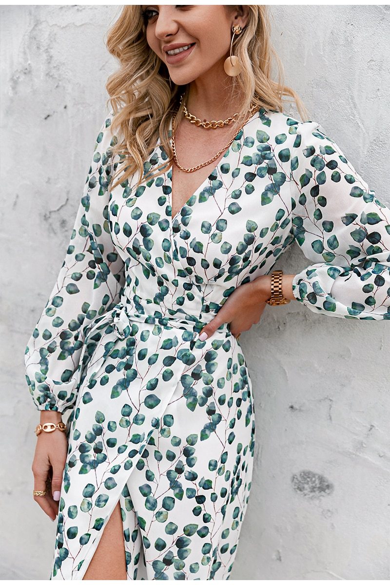 Elegant Green Leaf Print Dress